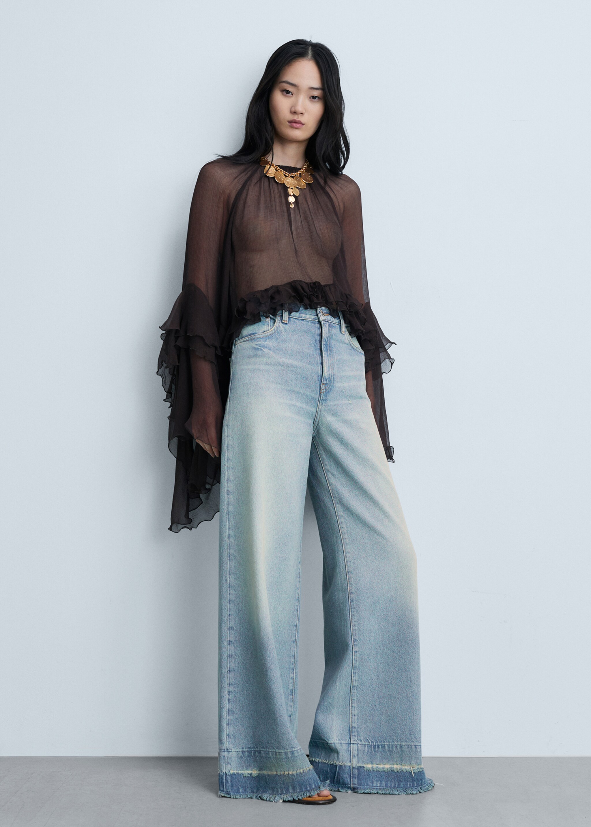 Wideleg low frayed hem jeans - General plane, Light Blue. Ref: 77034791-00.