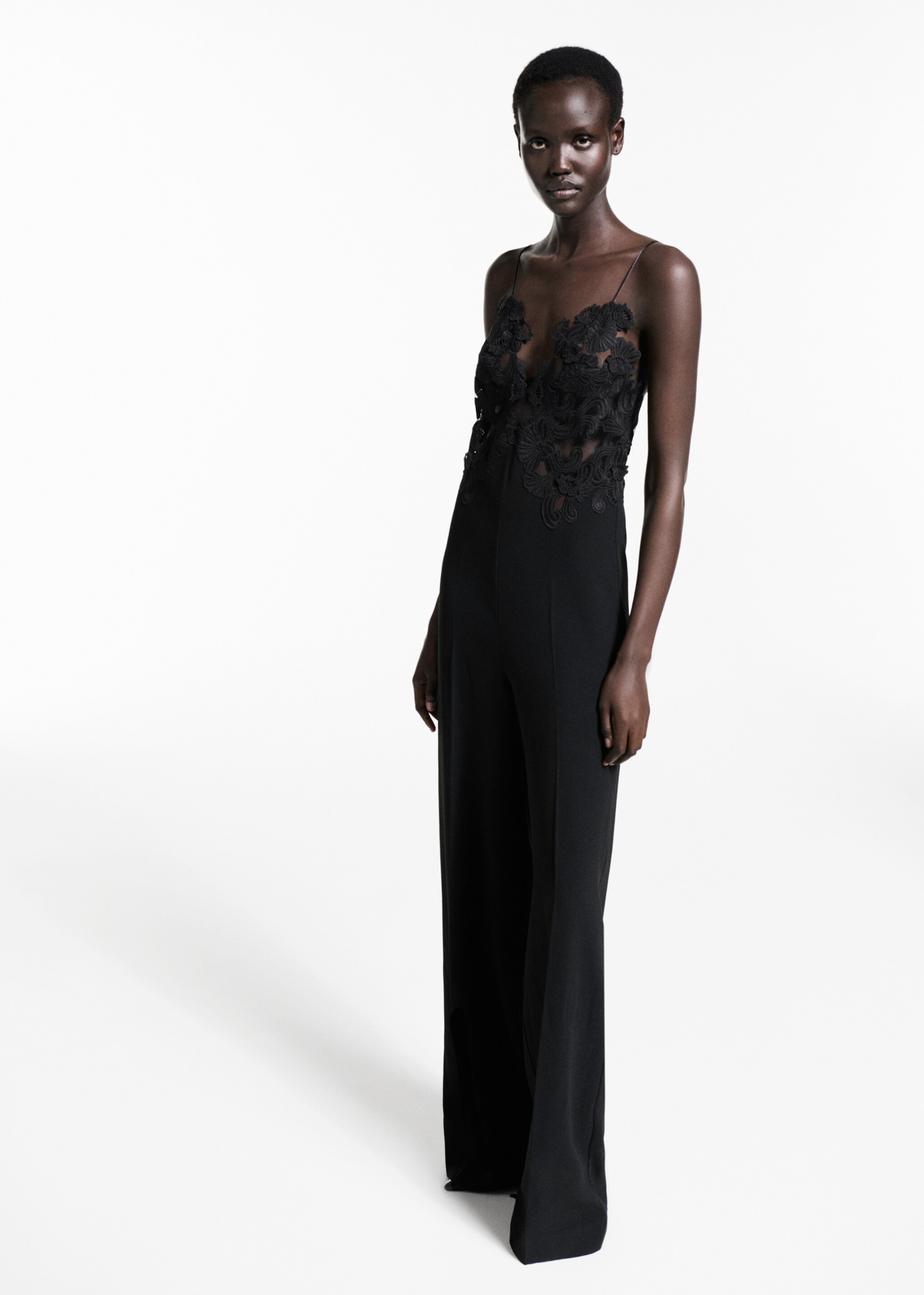 Tulle jumpsuit with lace detail - General plane, Black. Ref: 77039032-00.