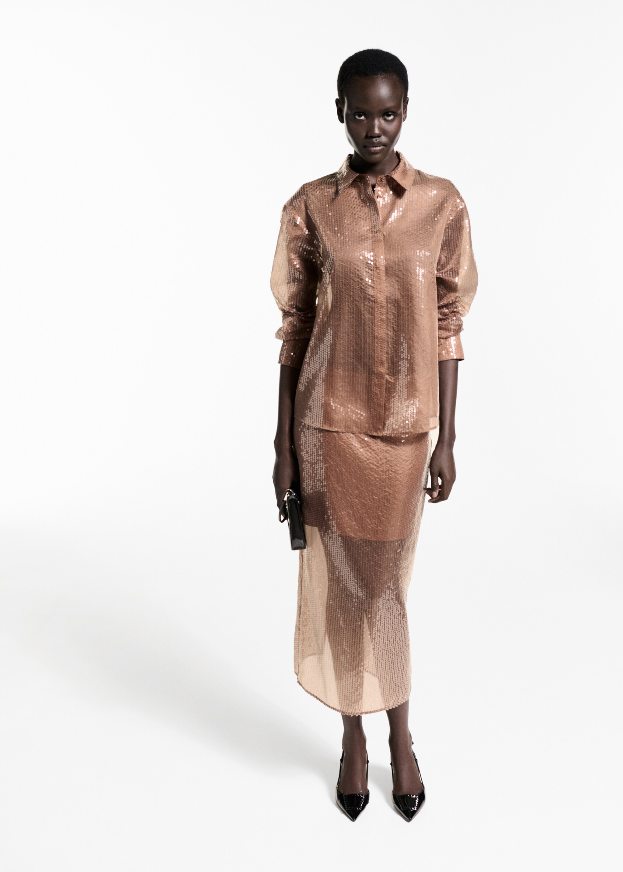 Semi-transparent sequined shirt - General plane, Brown. Ref: 77039035-00.
