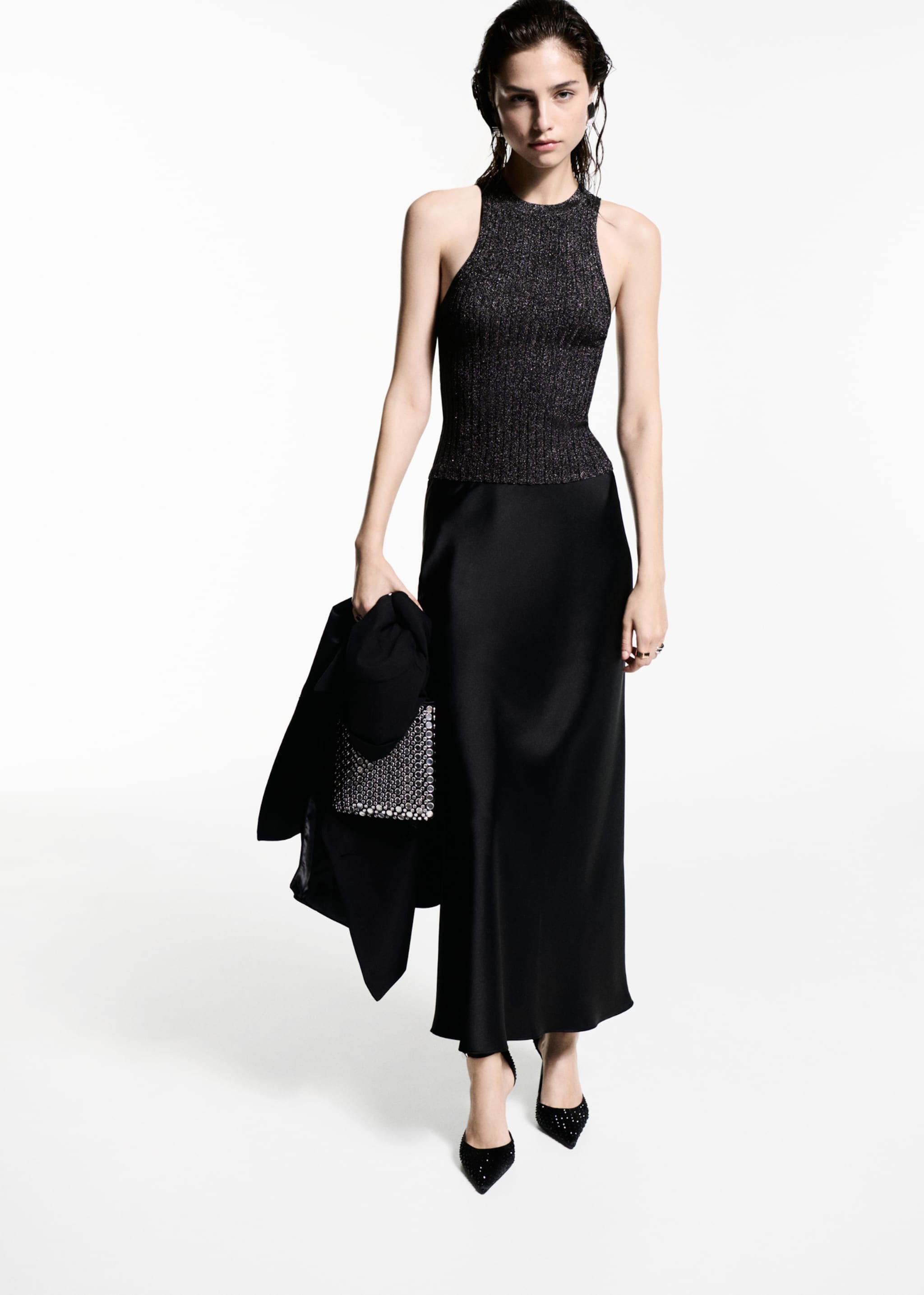 Top punto lúrex cuello halter - Plano general, Negro. Ref: 77039037-00.