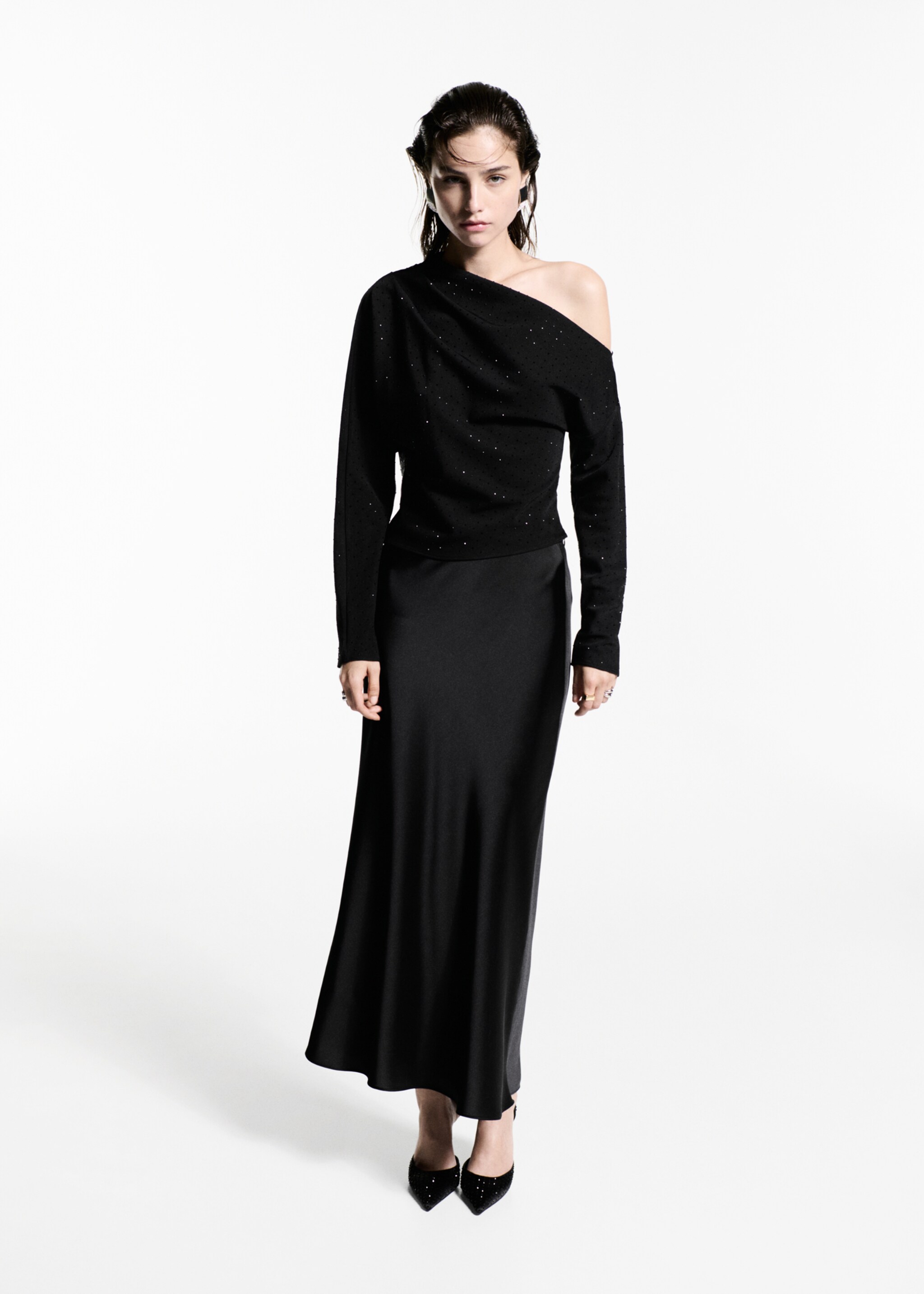 Asymmetrische Paillettenbluse - Allgemeine Ansicht, Schwarz. Ref: 77039054-00.