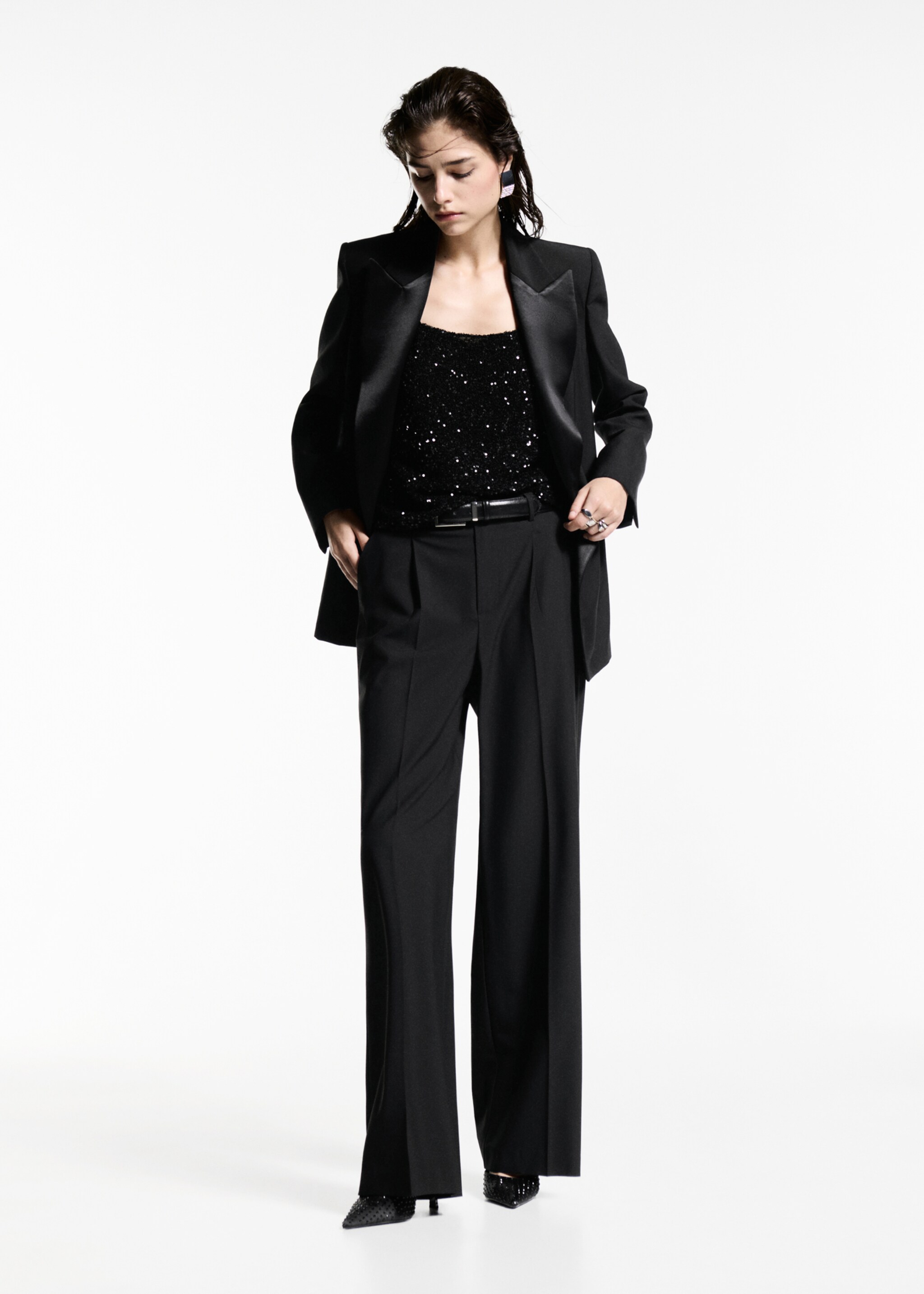 Sequin top with spaghetti strap - General plane, Black. Ref: 77039061-00.