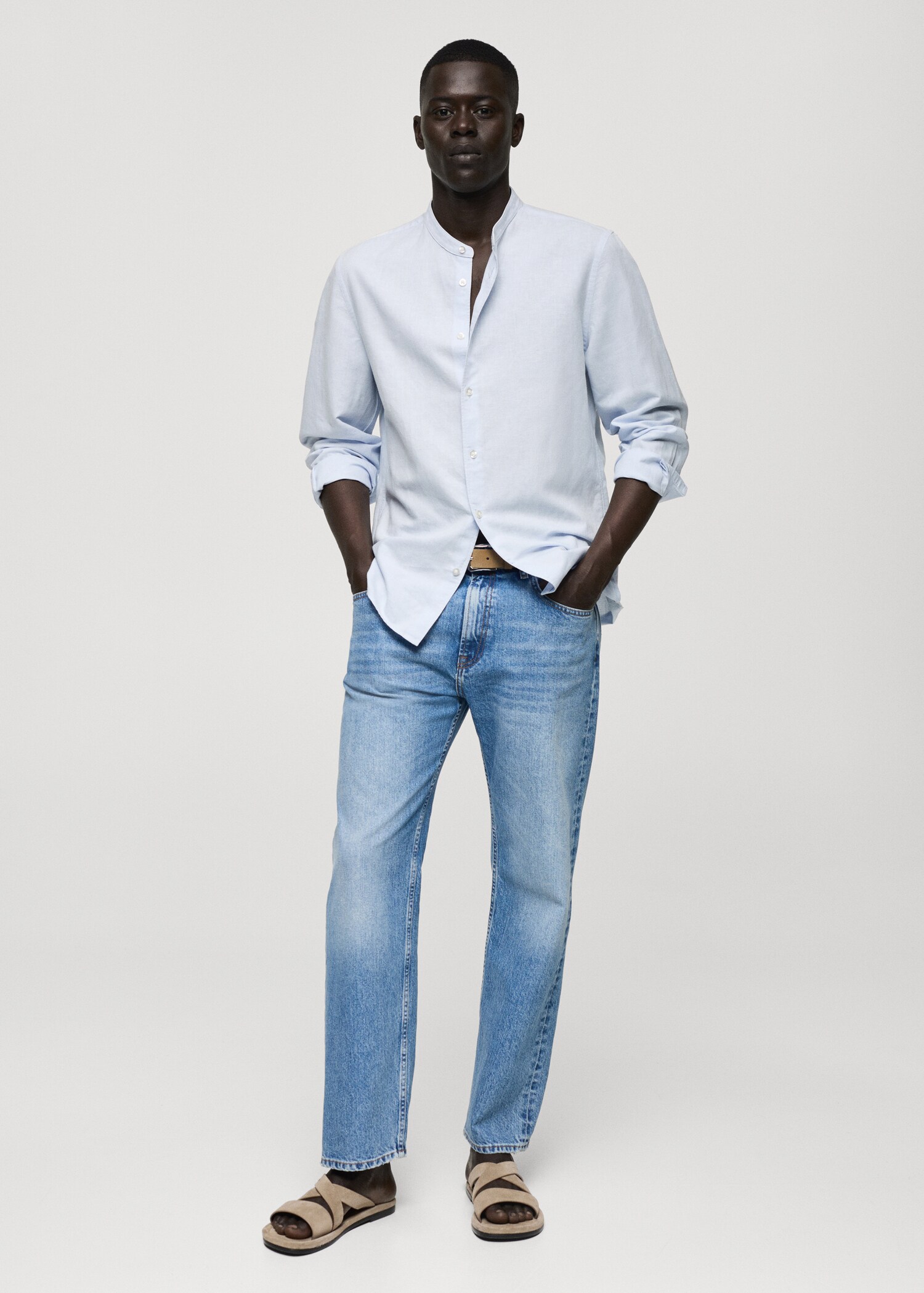 Classic-fit linen shirt with mandarin collar - General plane
