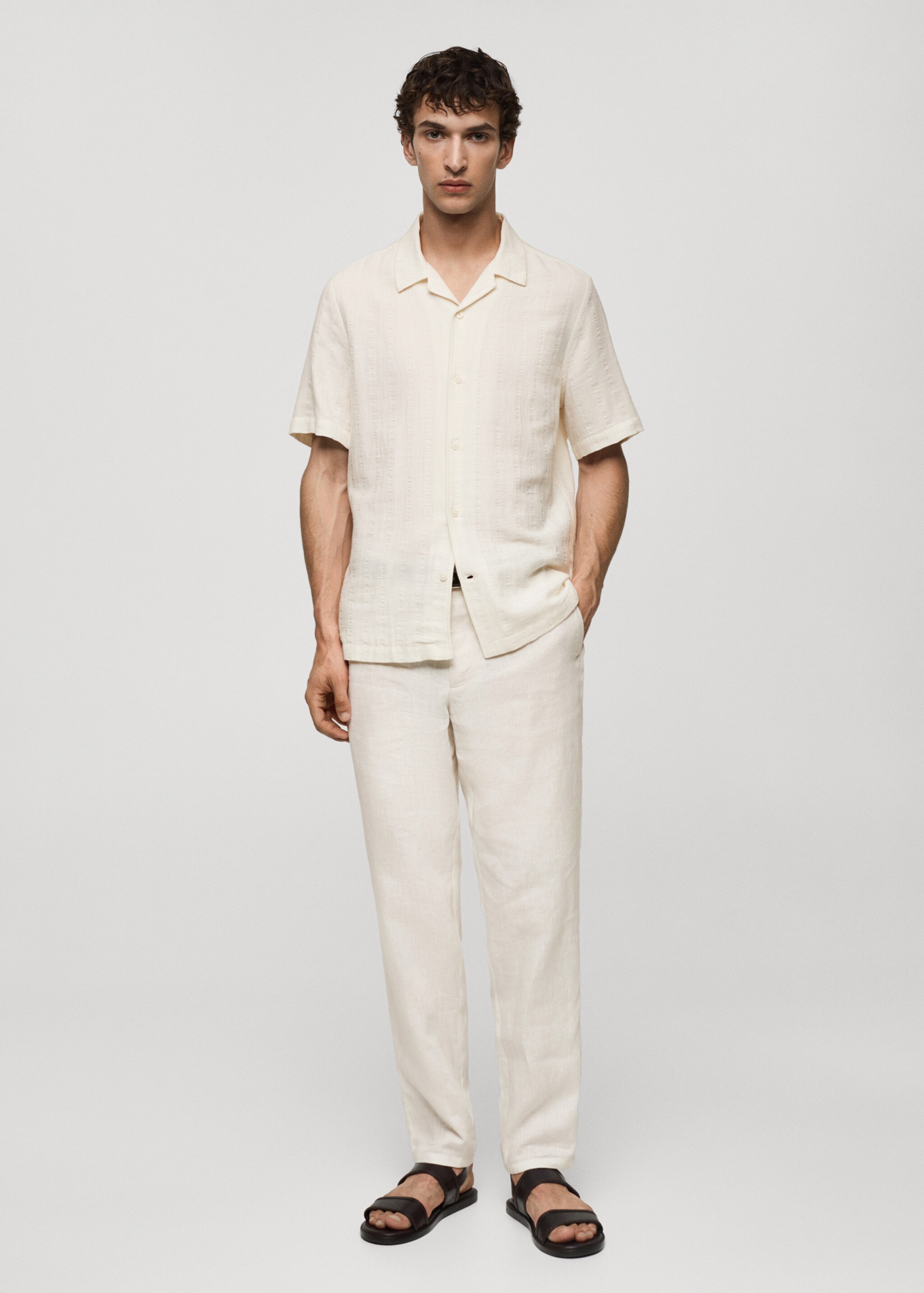 Camisa regular fit de anarruga de algodão - Plano geral, Branco-pérola. Ref: 77040596-00.