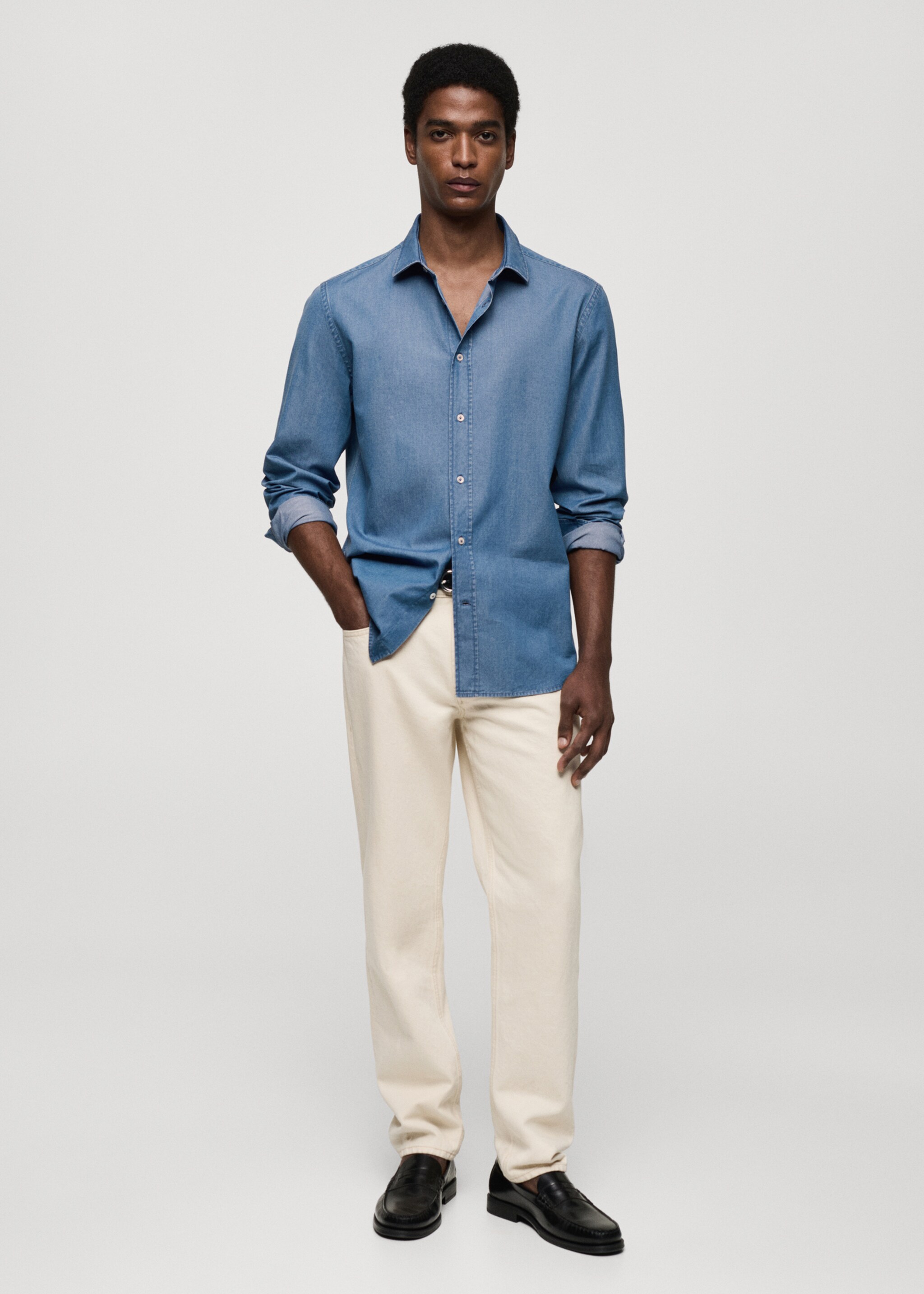 Πουκάμισο slim fit βαμβακερό λαχούρια - Γενικό πλάνο, Μεσαίο Μπλε. Ref: 77044438-00.