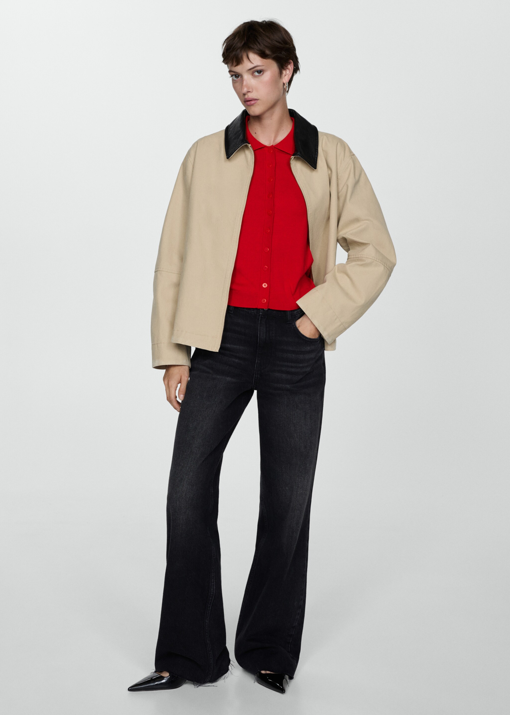 Cardigan col polo - Plan général, Rouge. Ref: 77044763-00.