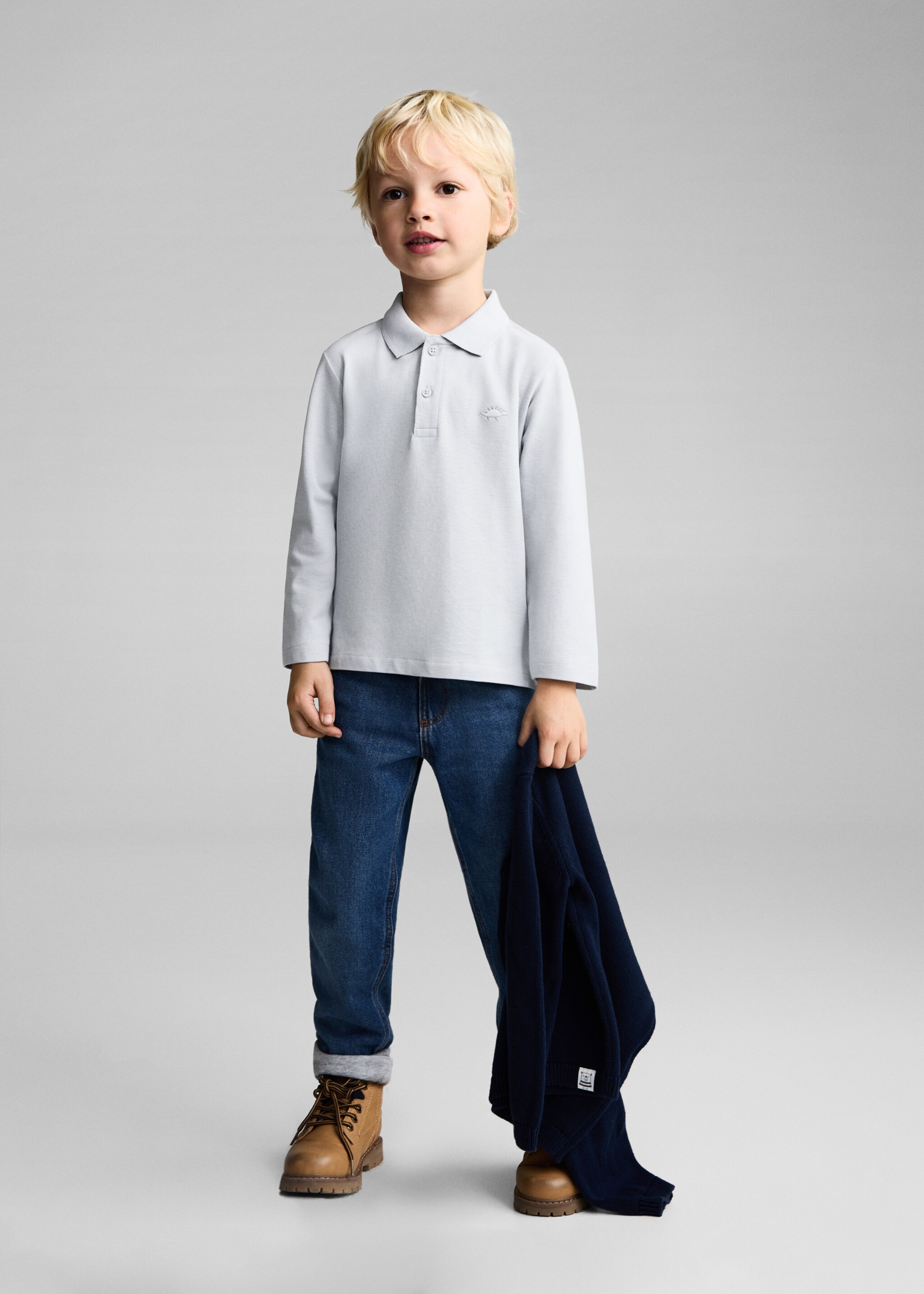 Polo coton à manches longues - Plan général, Bleu ciel. Ref: 77046340-00.