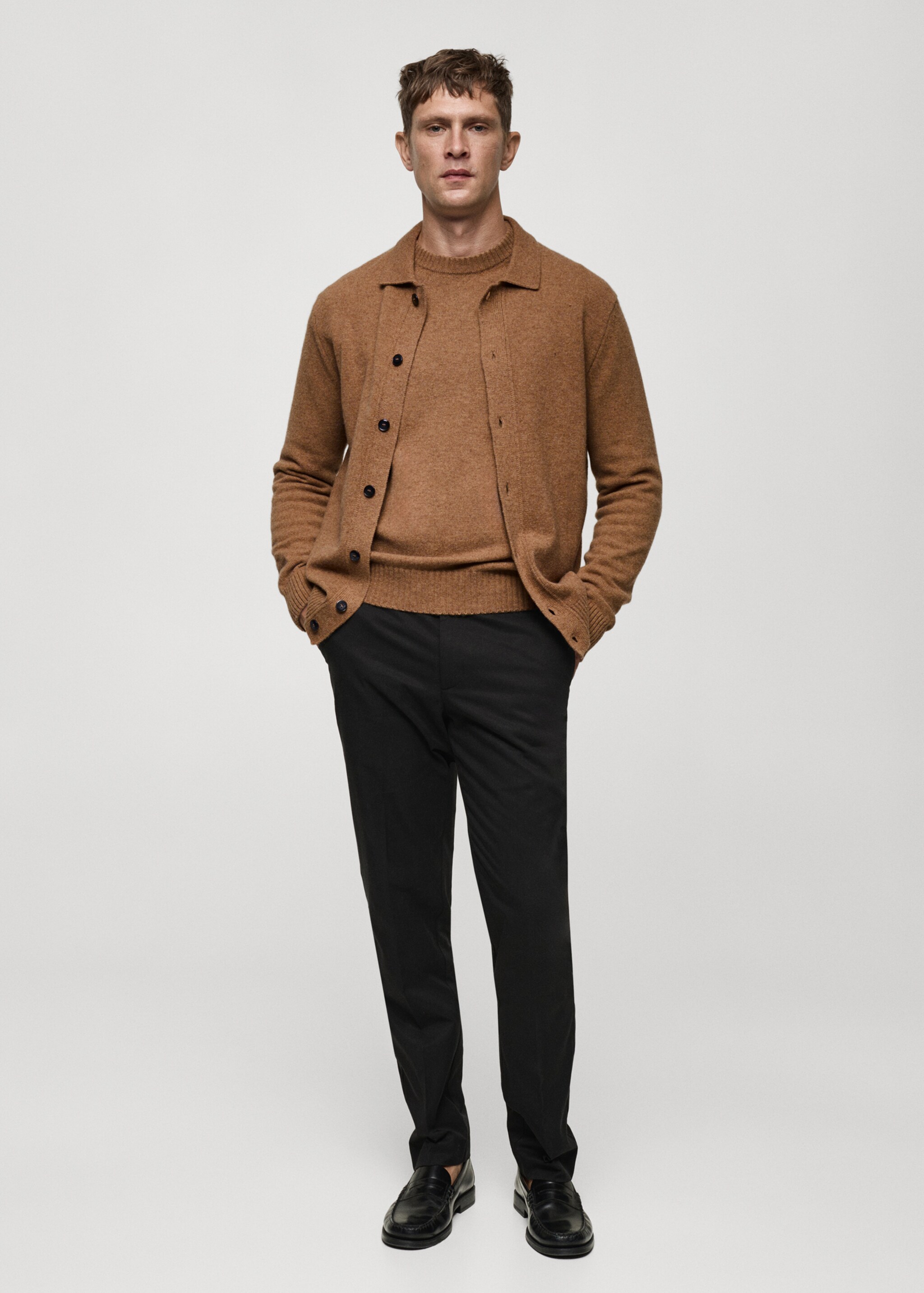 Rib-knit wool cardigan - General plane, Medium Brown. Ref: 77047928-00.