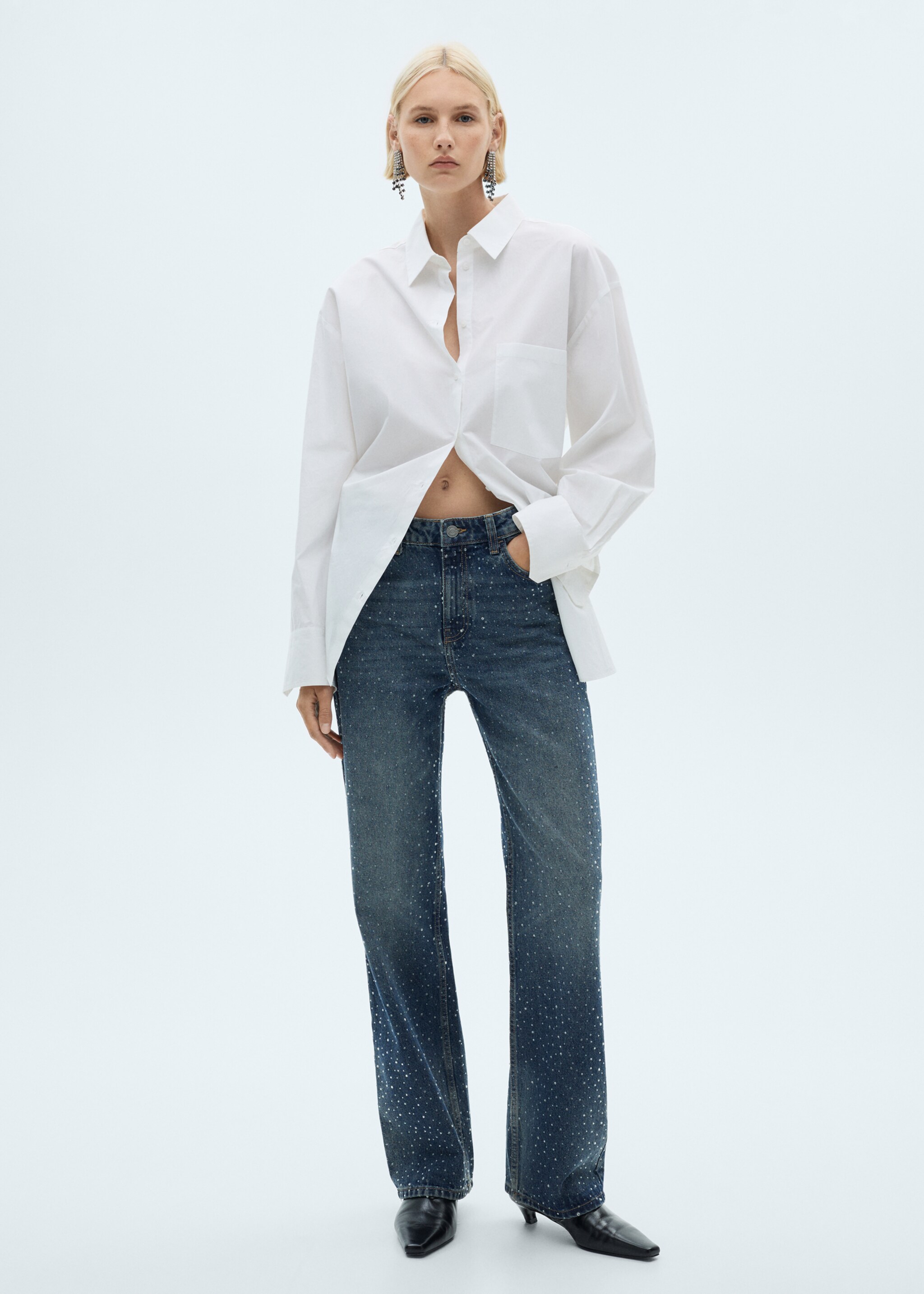 Straight-fit jeans with rhinestone detail - General plane, Dark Blue. Ref: 77049067-00.