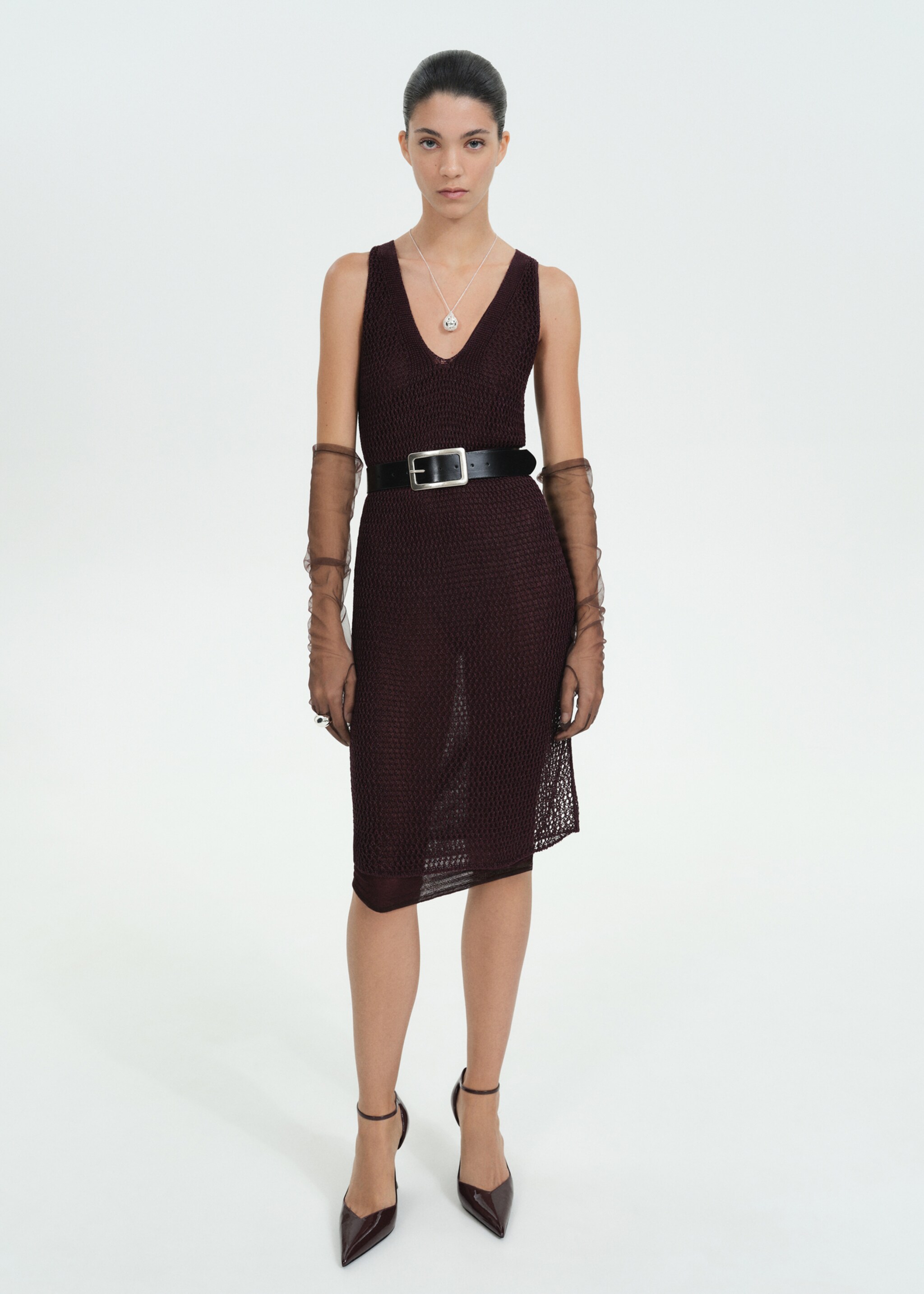 Rupičasta pletena haljina sa sjajnim nitima - Opći prikaz, Burgundsko crvena. Ref: 77049071-00.