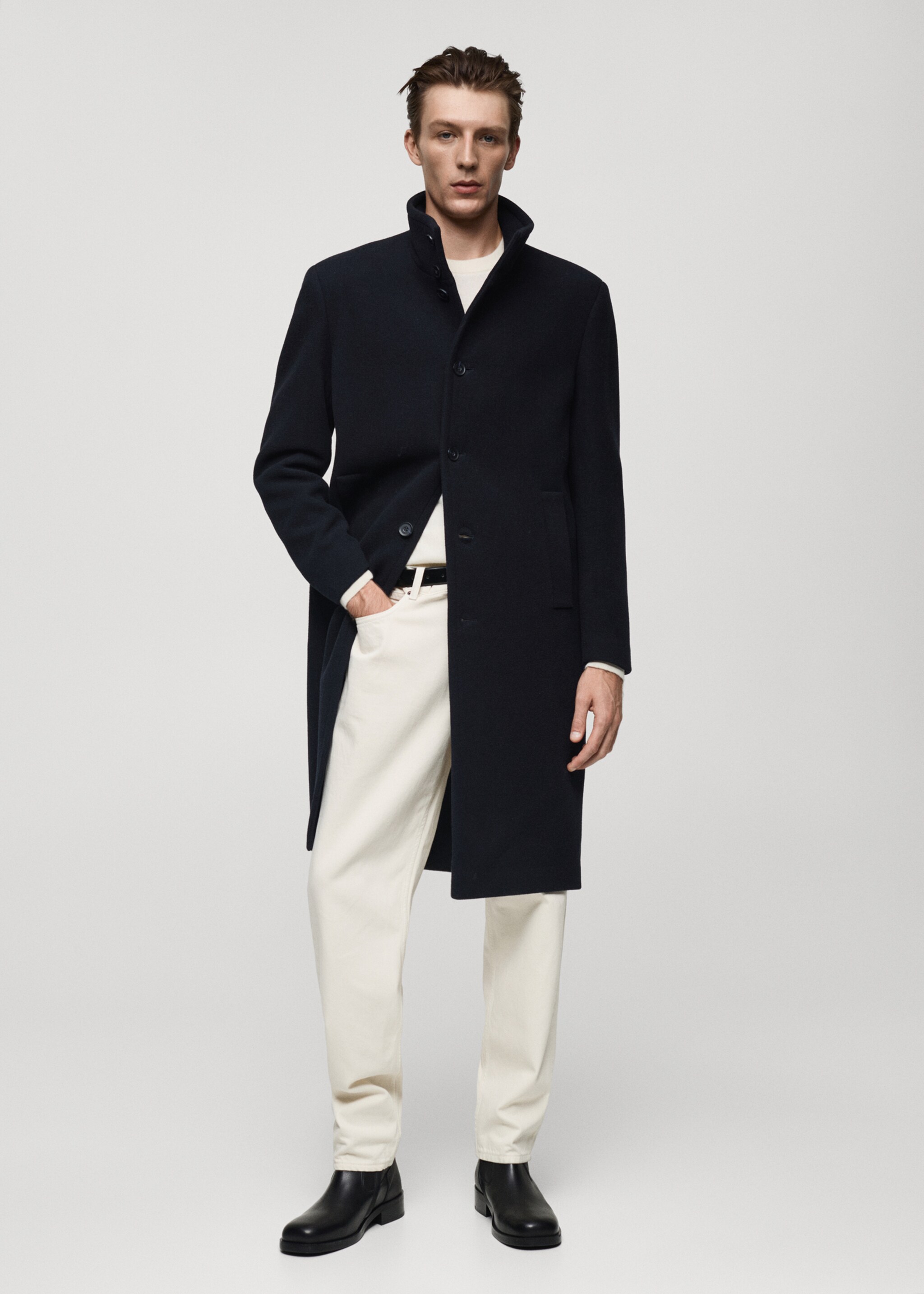 Long wool coat with collar - General plane, Dark Navy. Ref: 77049227-00.