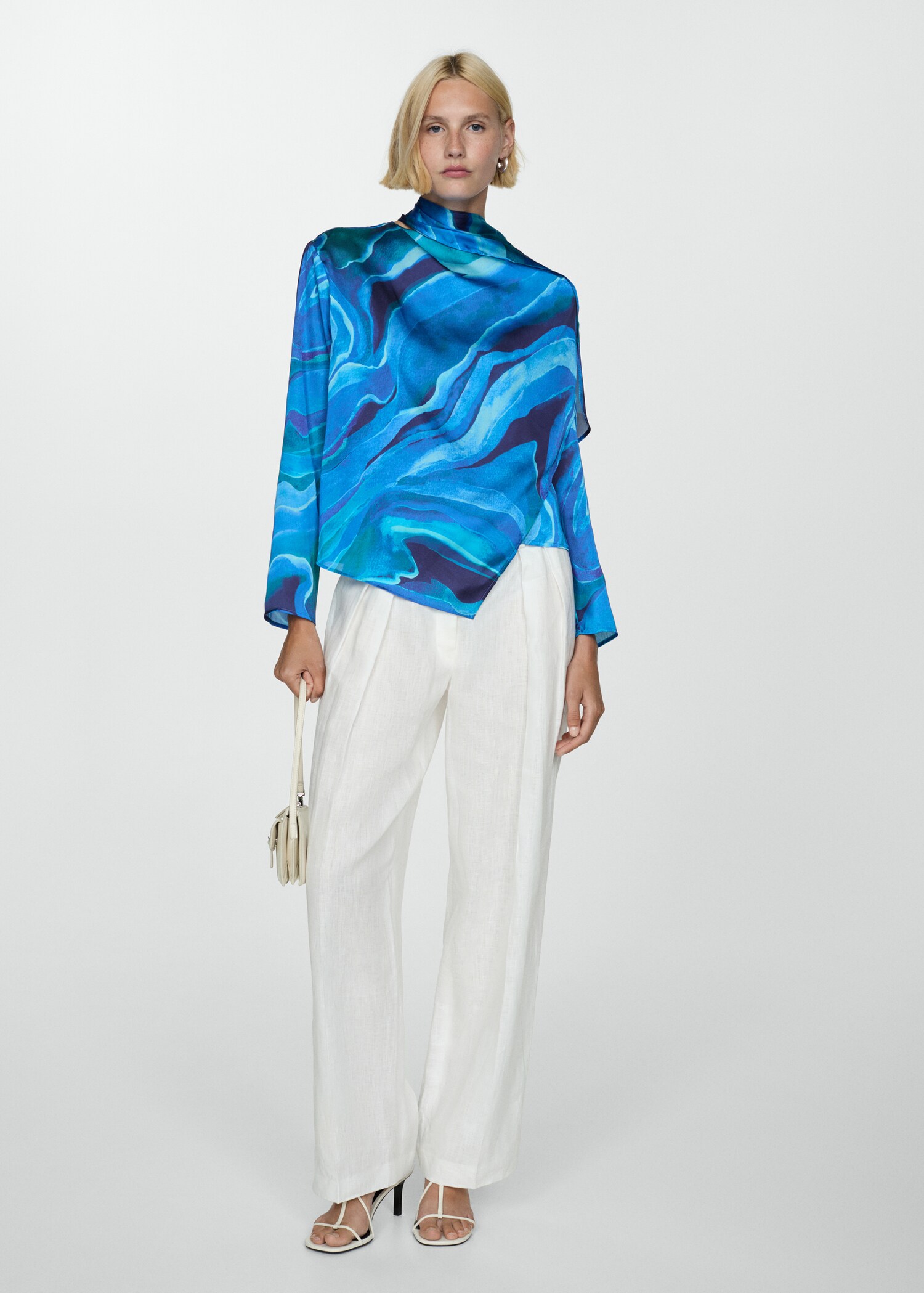 Satin printed blouse with draped neck - General plane