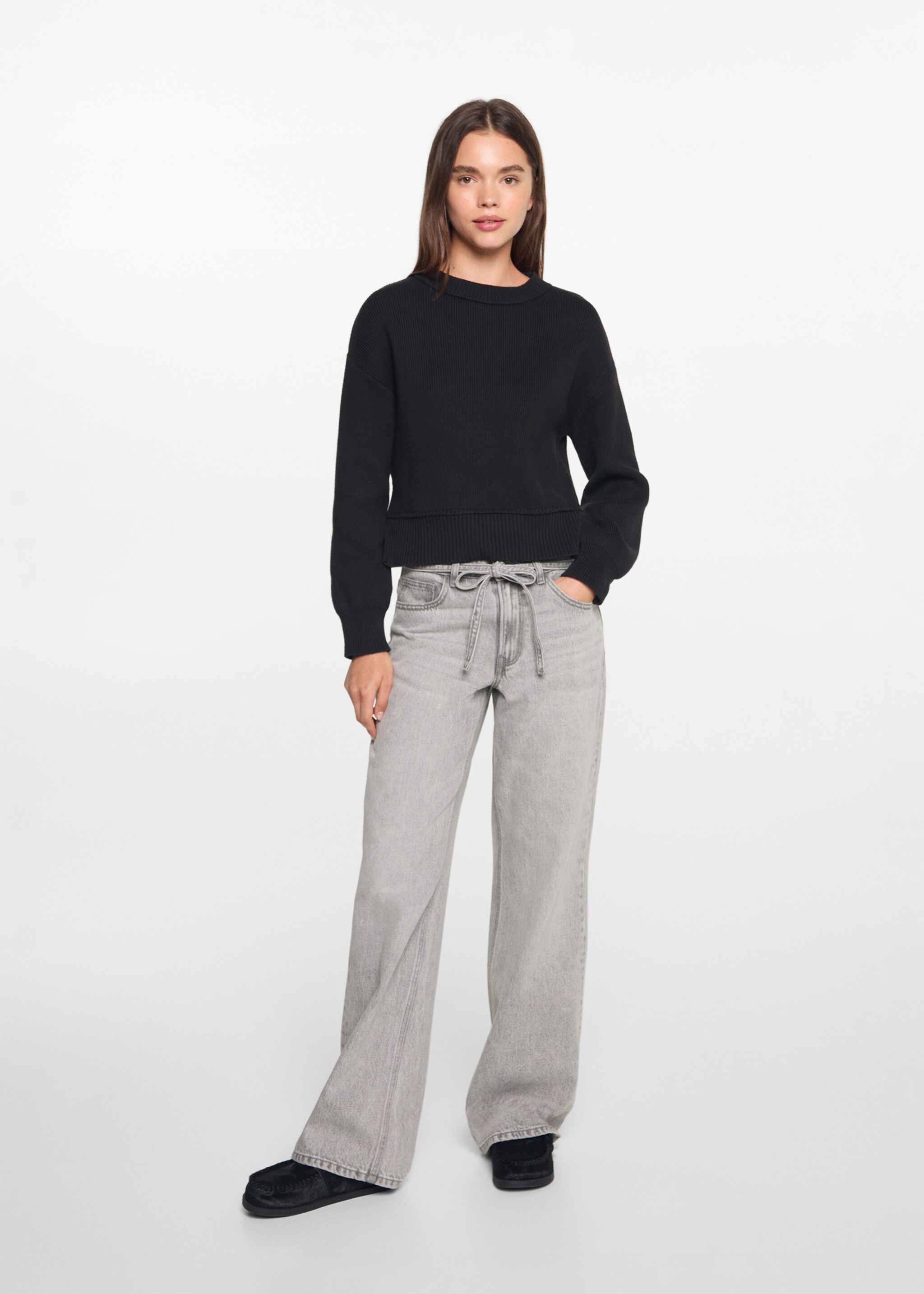 Traperice širokih nogavica s vezicom - Opći prikaz, Svjetlosivi denim. Ref: 77054790-00.