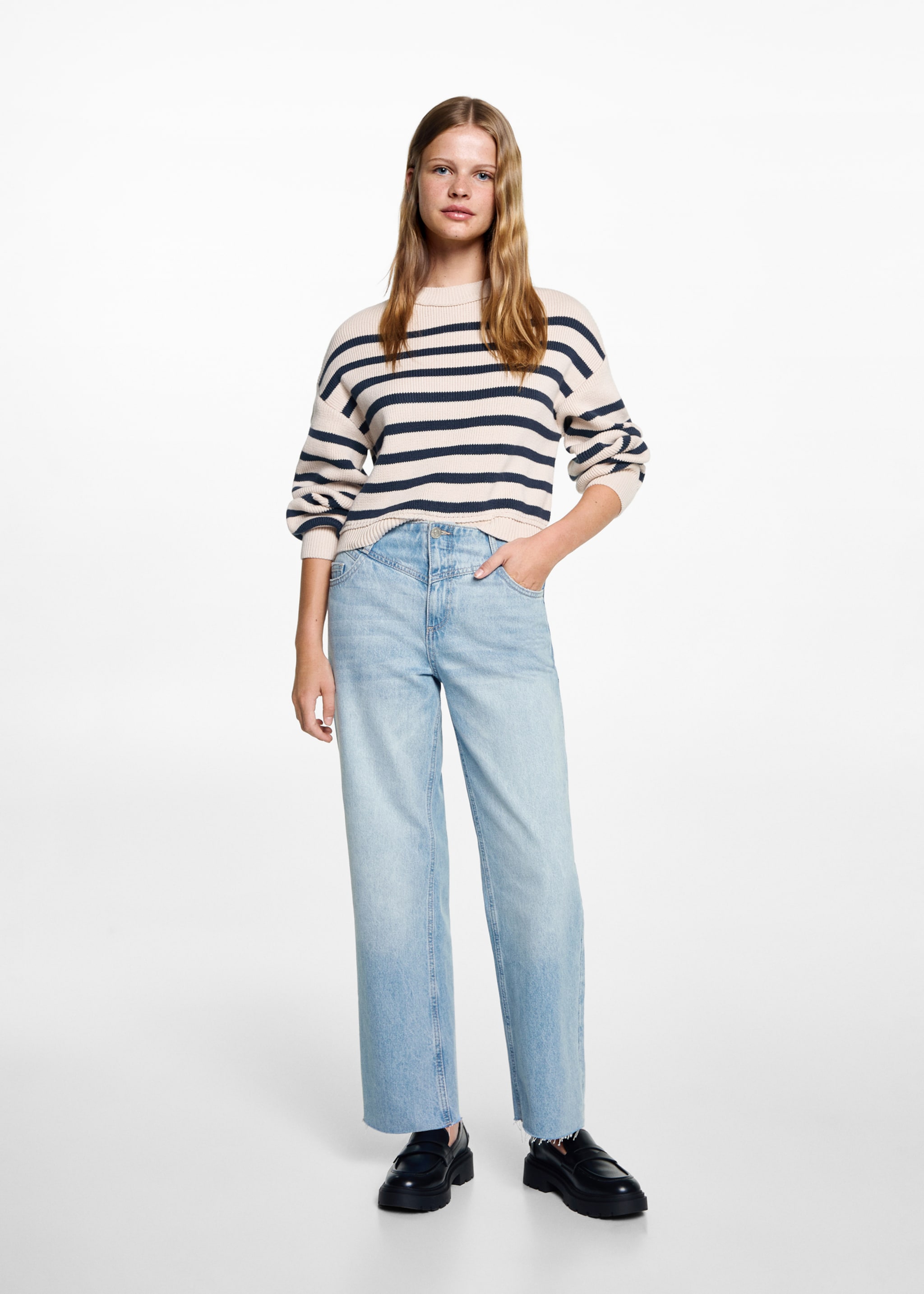 Jeans in culottestijl met naad - Overzichtstekening, Middenblauw. Ref: 77055146-00.