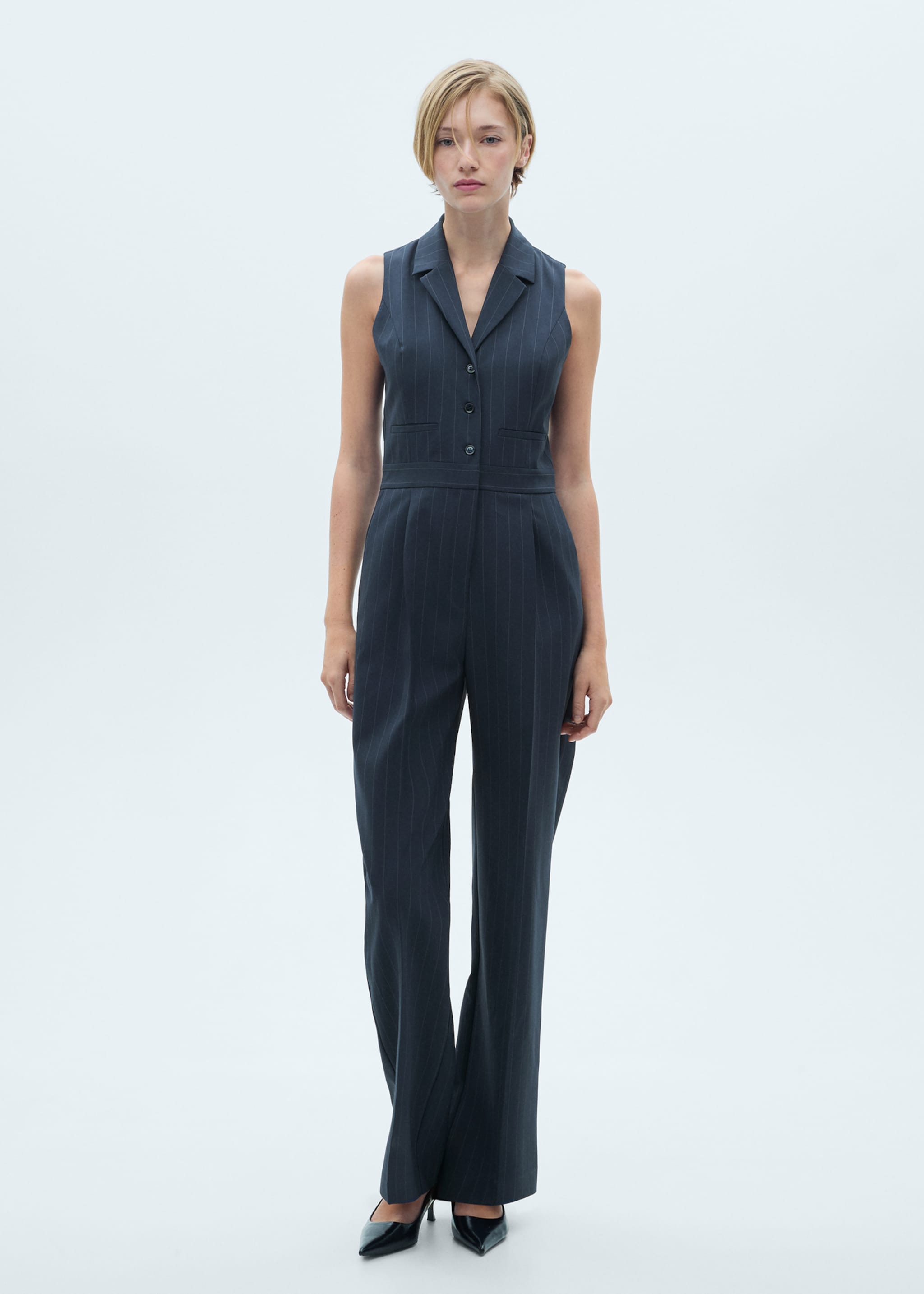 Long pinstripe jumpsuit - General plane, Dark Navy. Ref: 77055659-00.