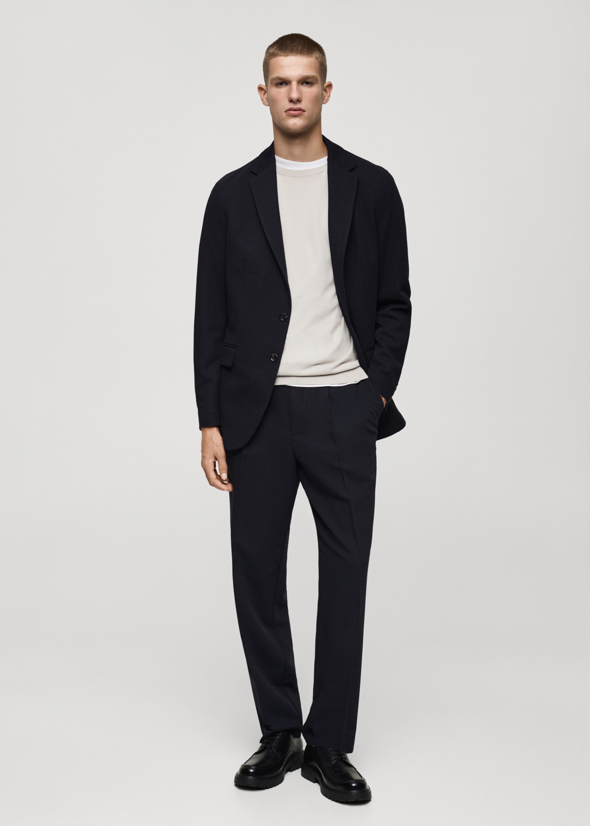 Slim Fit-Baumwollblazer mit Mikrostruktur - Allgemeine Ansicht, Dunkles Marineblau. Ref: 77055970-00.