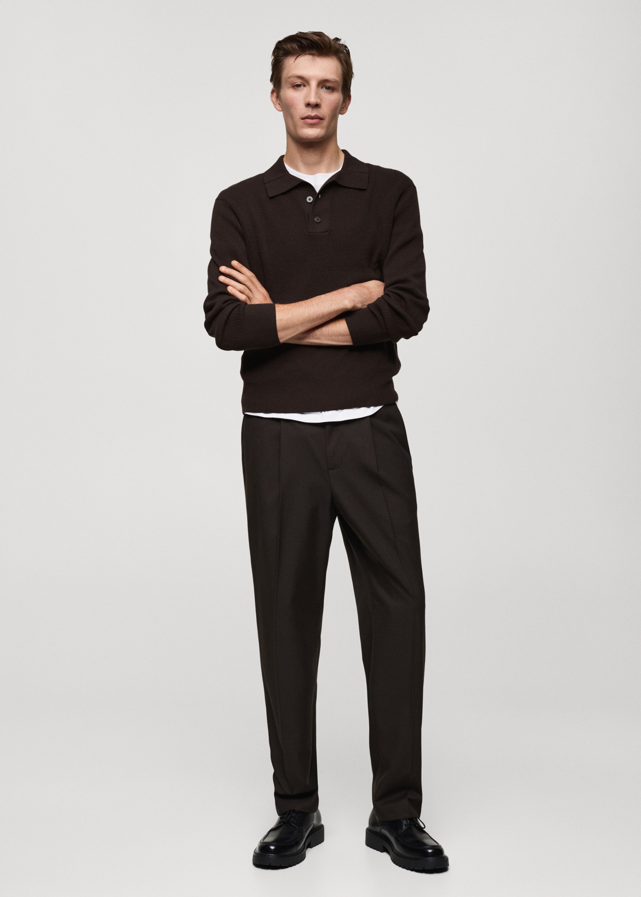 Fine-knit ribbed cotton polo shirt - General plane, Chocolate. Ref: 77055972-00.