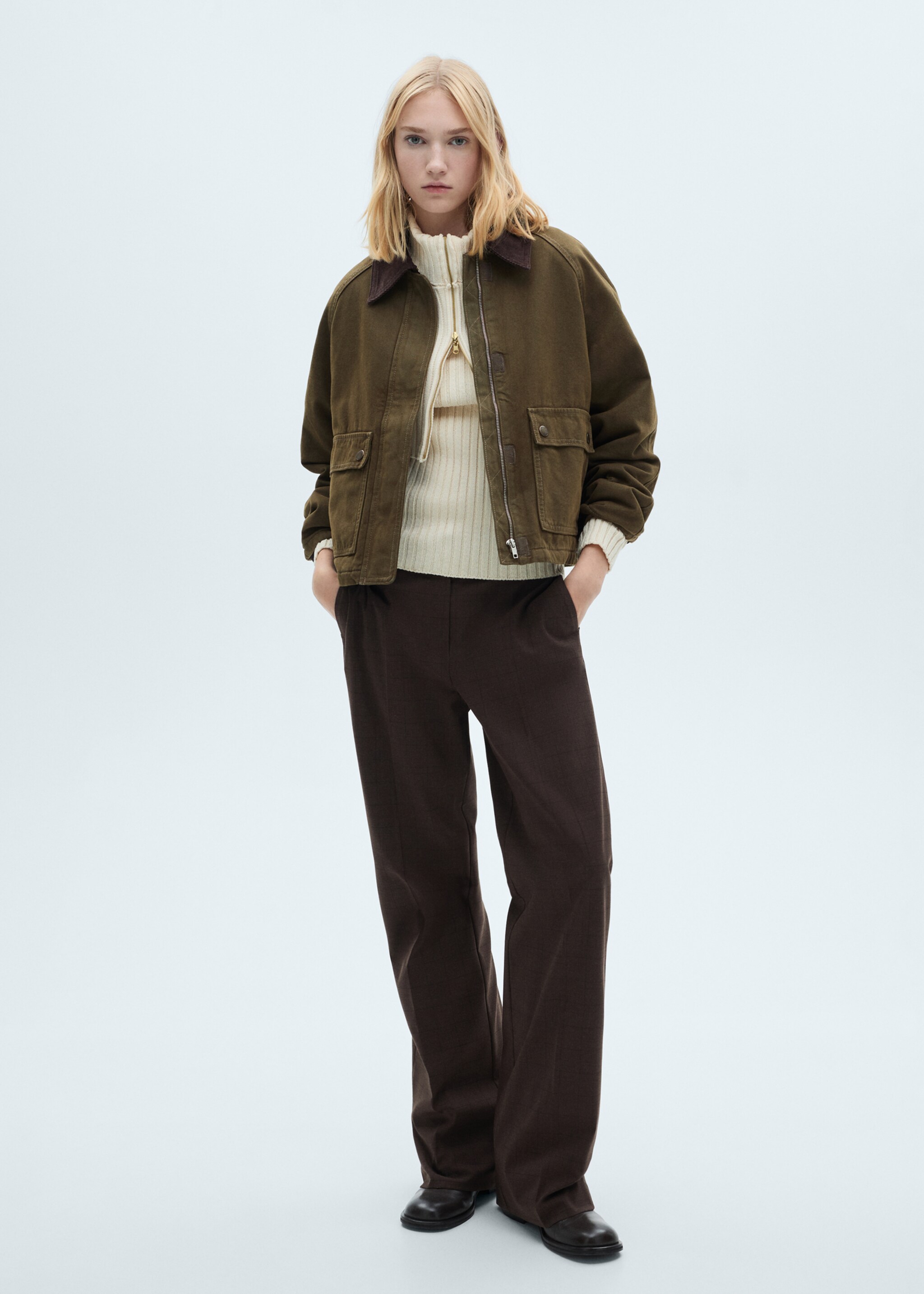 Denim barn jacket with contrasting collar - General plane, Khaki. Ref: 77057115-00.