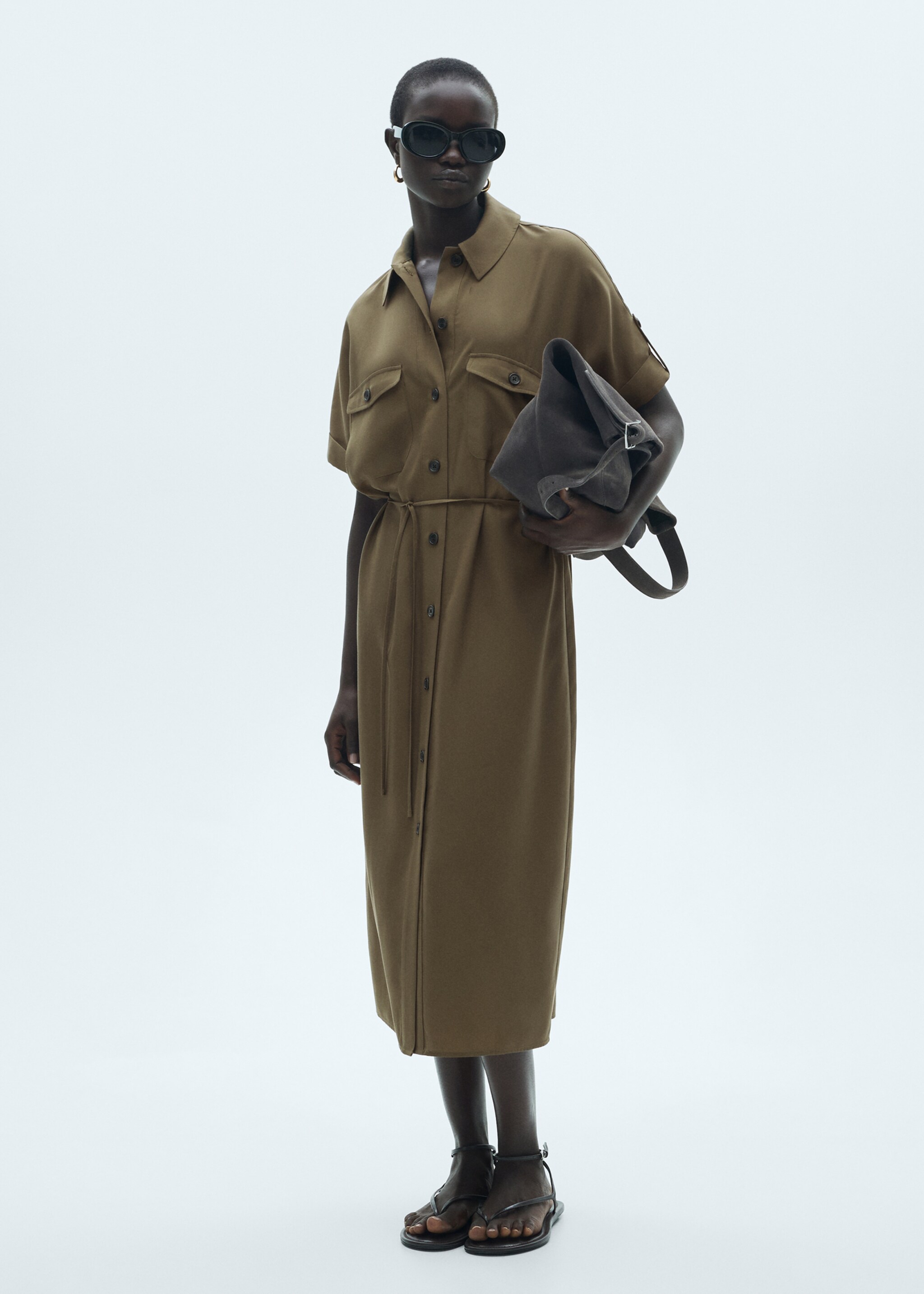 Lyocell shirt dress with bow - General plane, Khaki. Ref: 77057647-00.