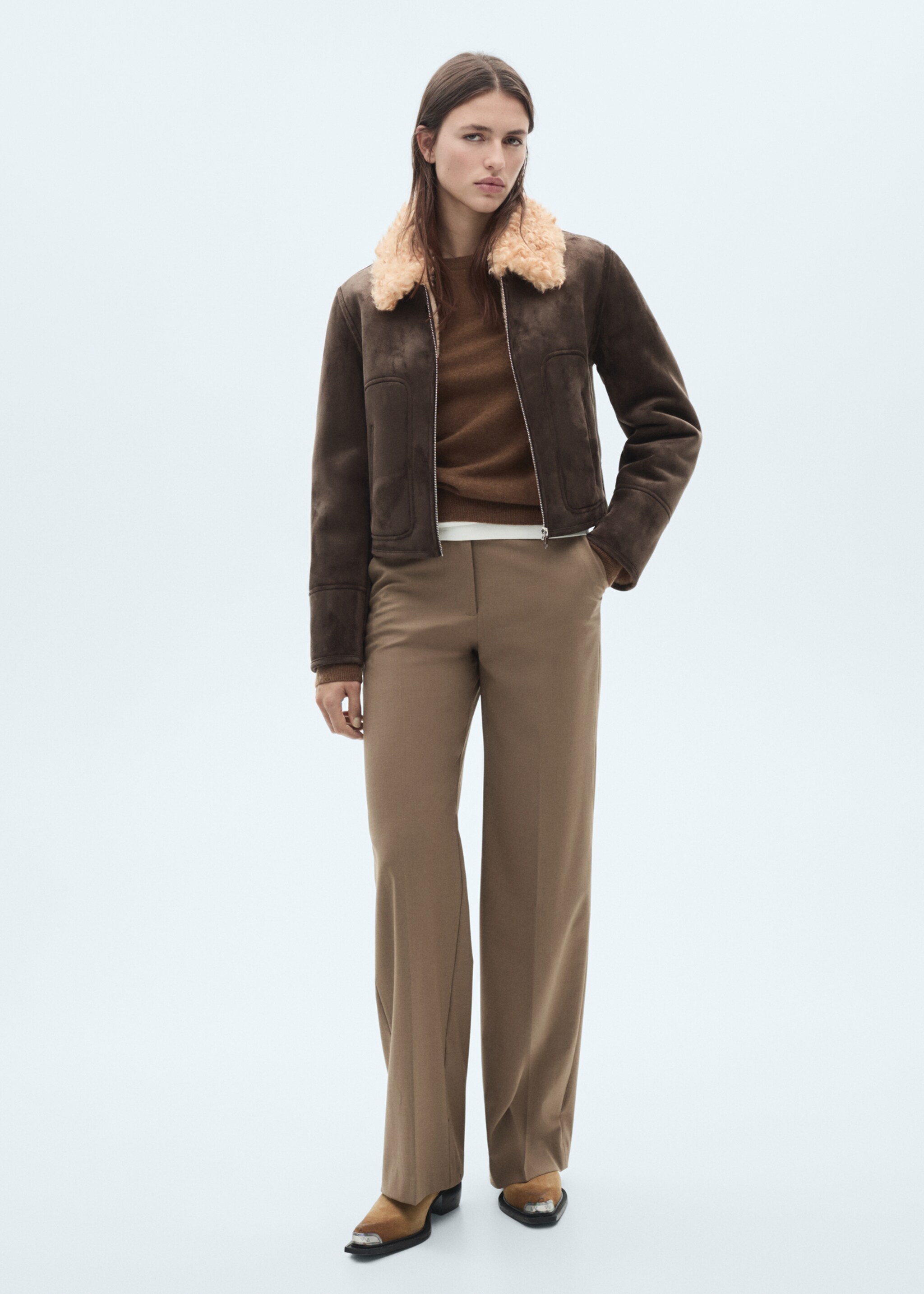 Suede-effect jacket with fleece collar - General plane, Grey. Ref: 77057661-00.