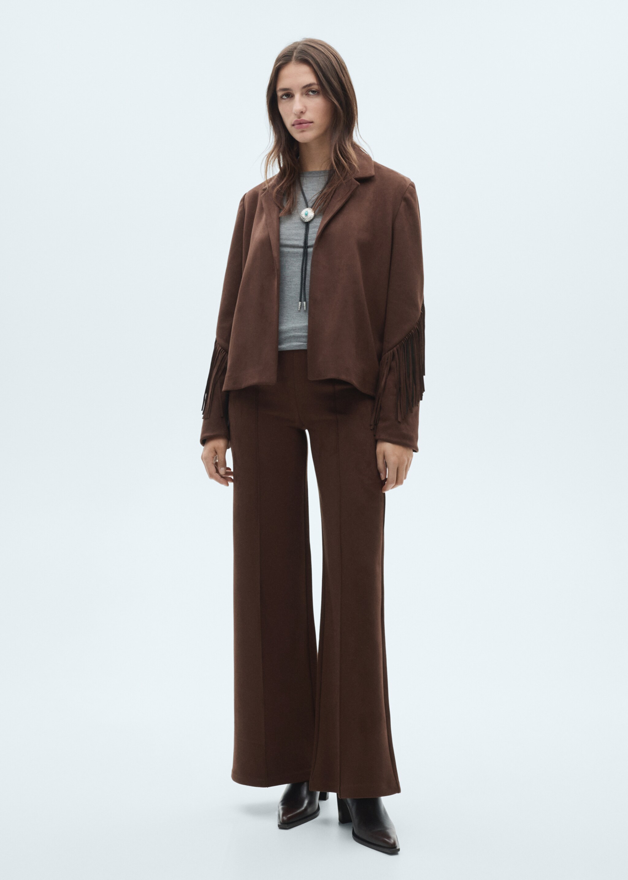 Pantalón wideleg efecto ante - Plano general, Chocolate. Ref: 77057696-00.