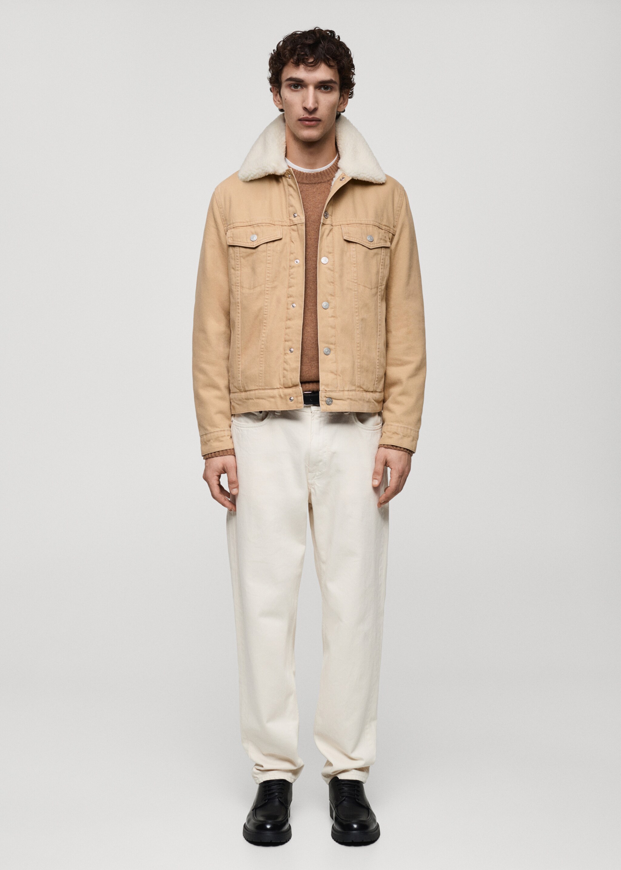 Denim jacket with shearling collar - General plane, Beige. Ref: 77057913-00.