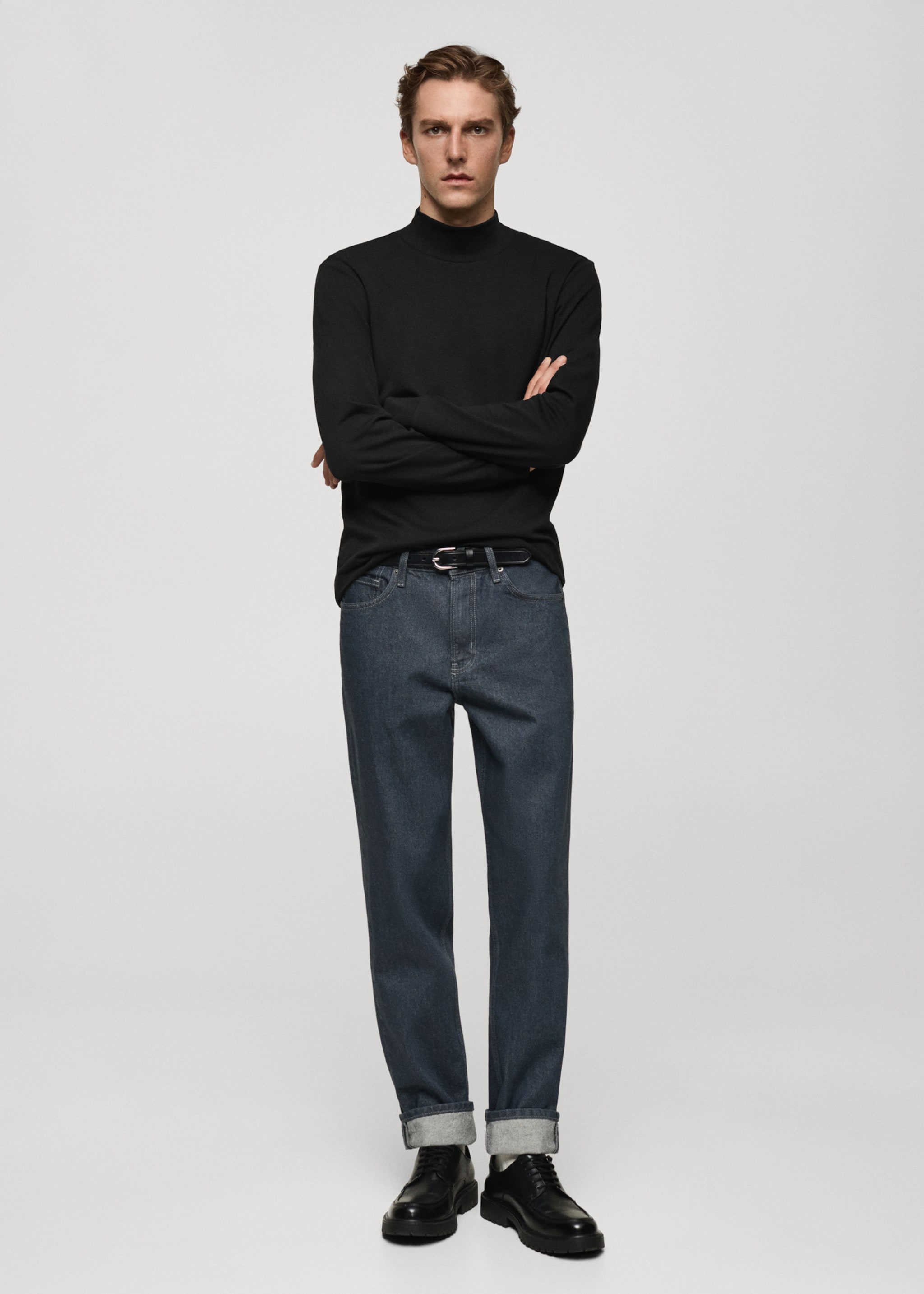 Cotton t-shirt with perkins neck - General plane, Black. Ref: 77057932-00.