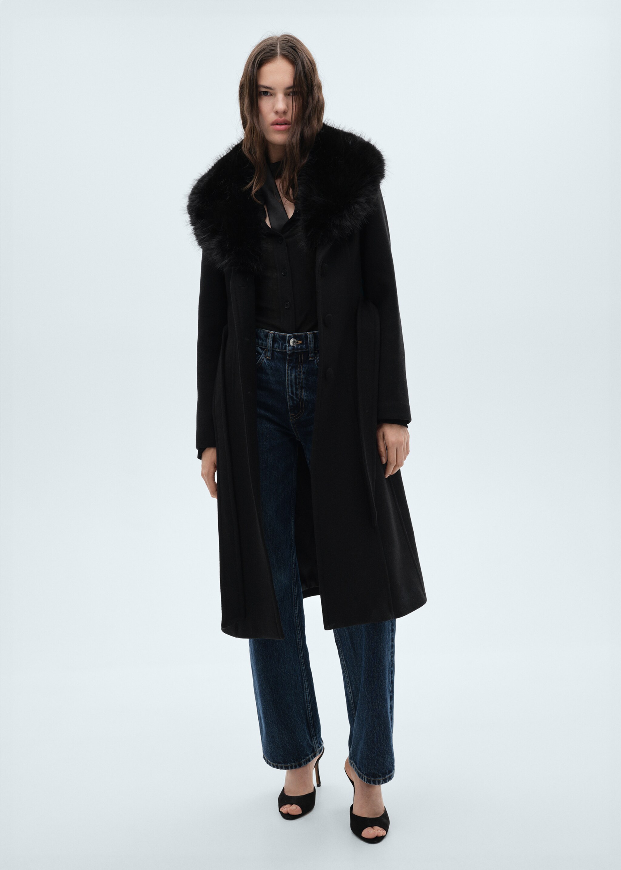 Detachable wool coat with fur-effect collar - General plane, Black. Ref: 77058279-00.