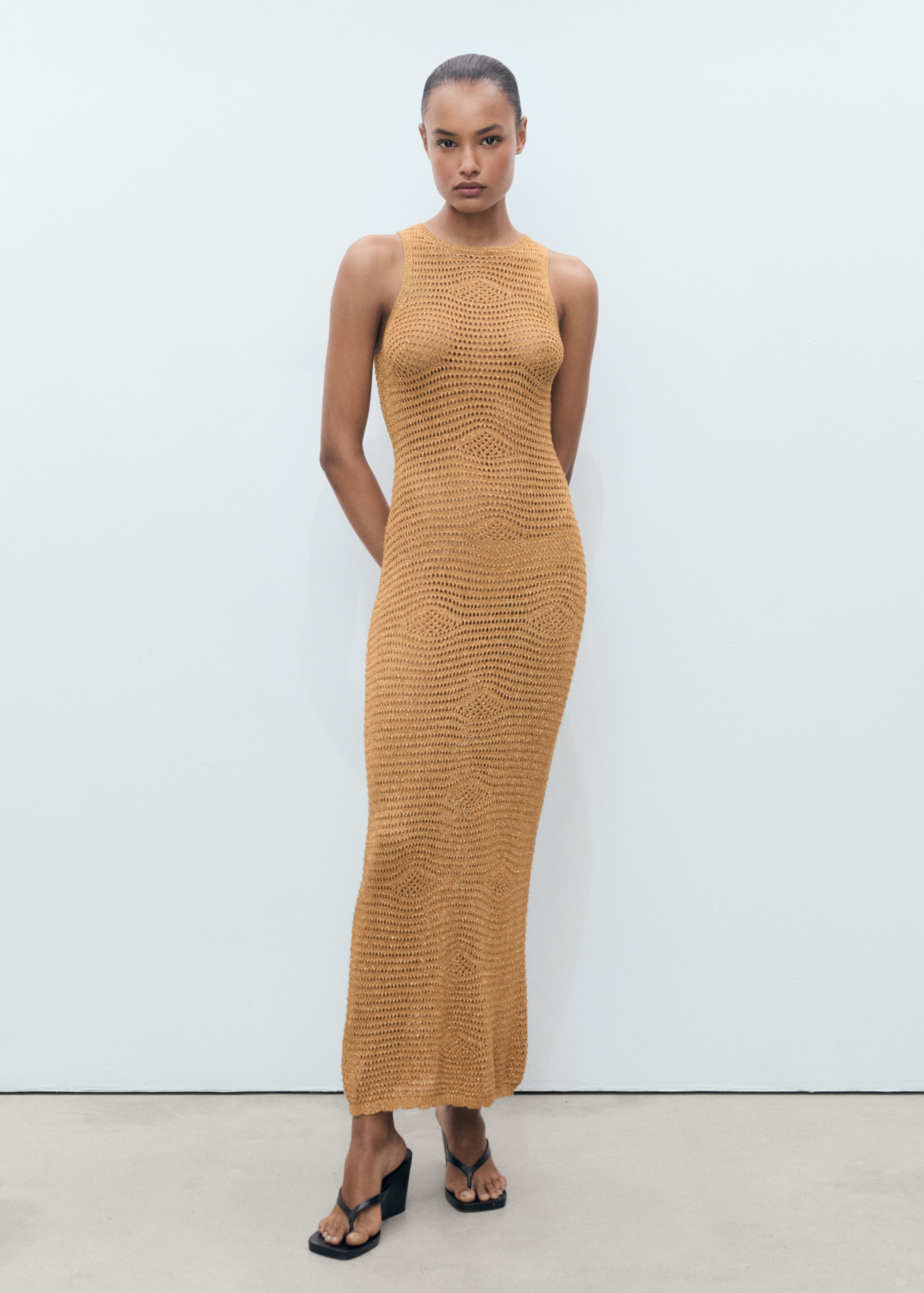 Long lurex crochet dress - General plane, Gold. Ref: 77060341-00.