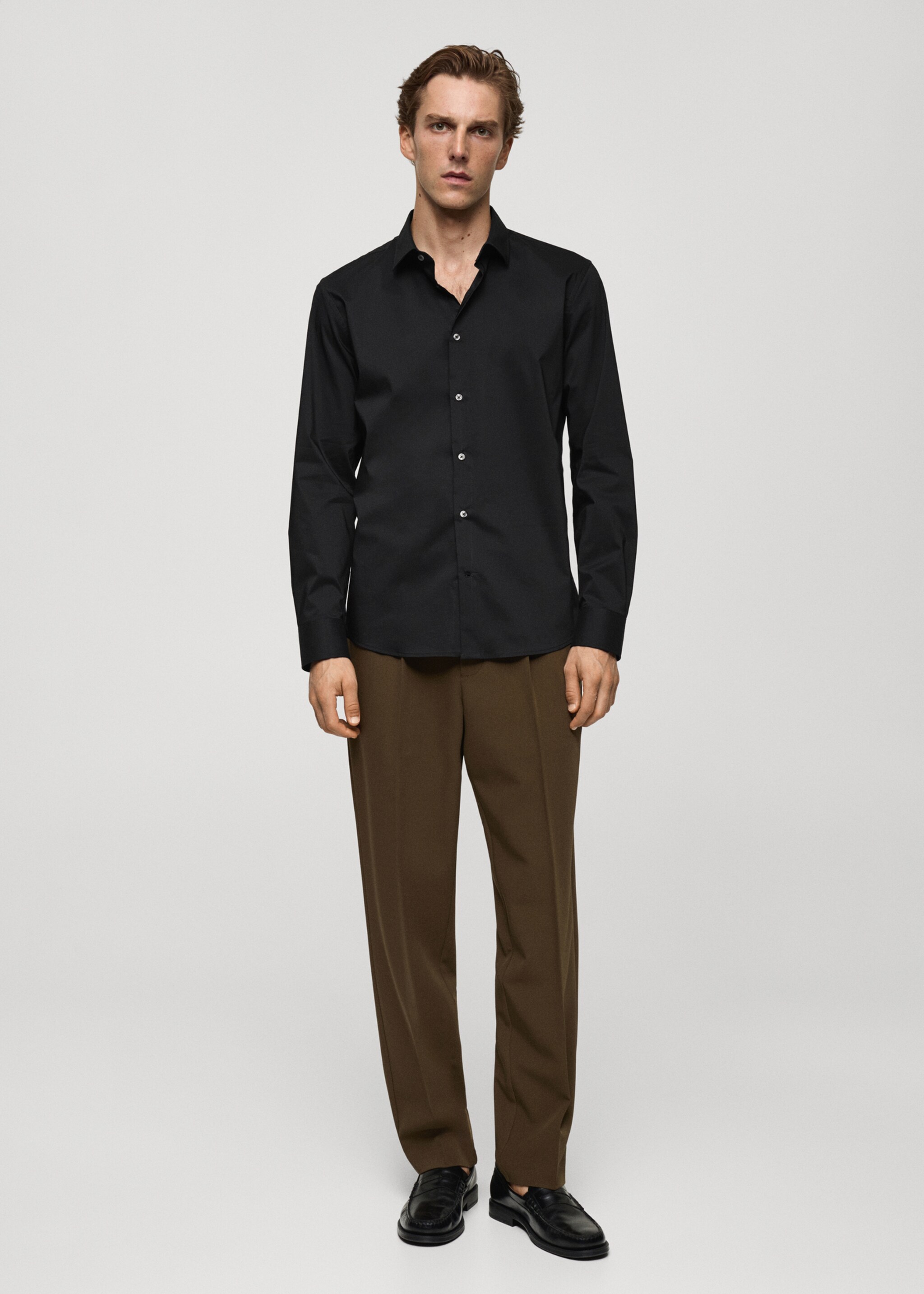 Camisa regular fit cotó stretch - Pla general, Negre. Ref: 77064436-00.