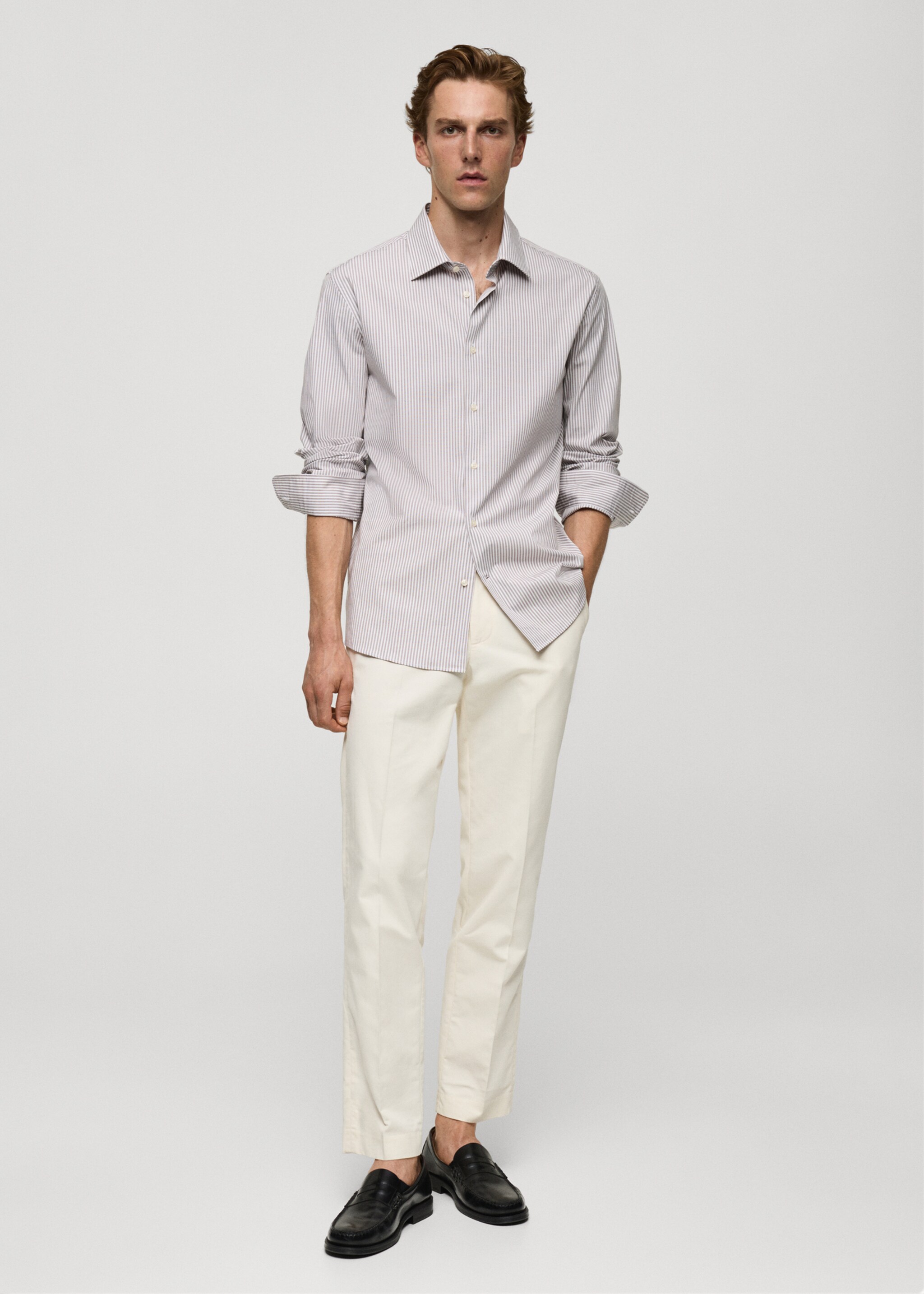 Slim fit fine-striped cotton shirt - General plane, Brown. Ref: 77064448-00.
