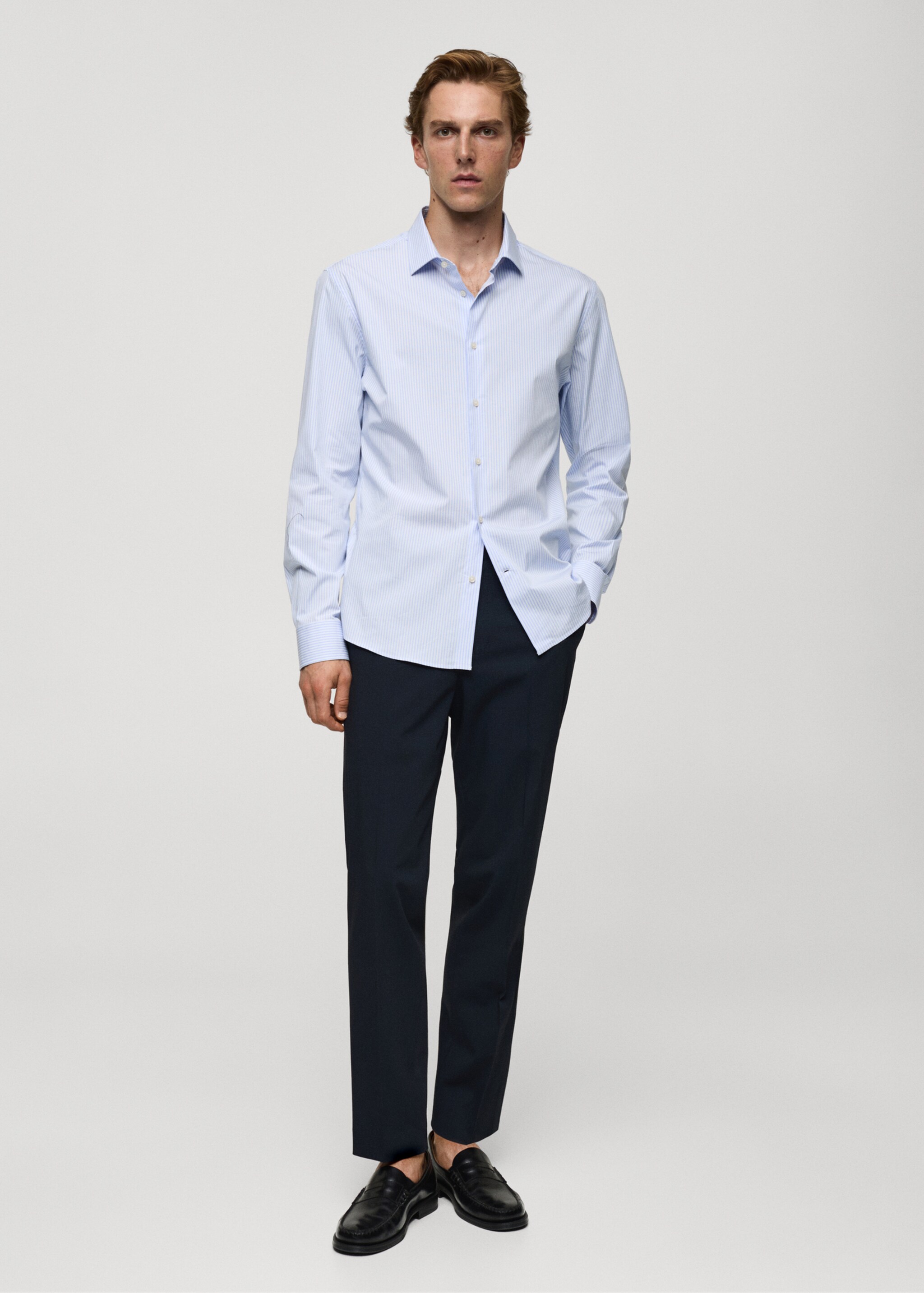 Slim fit fine-striped cotton shirt - General plane, Sky Blue. Ref: 77064448-00.