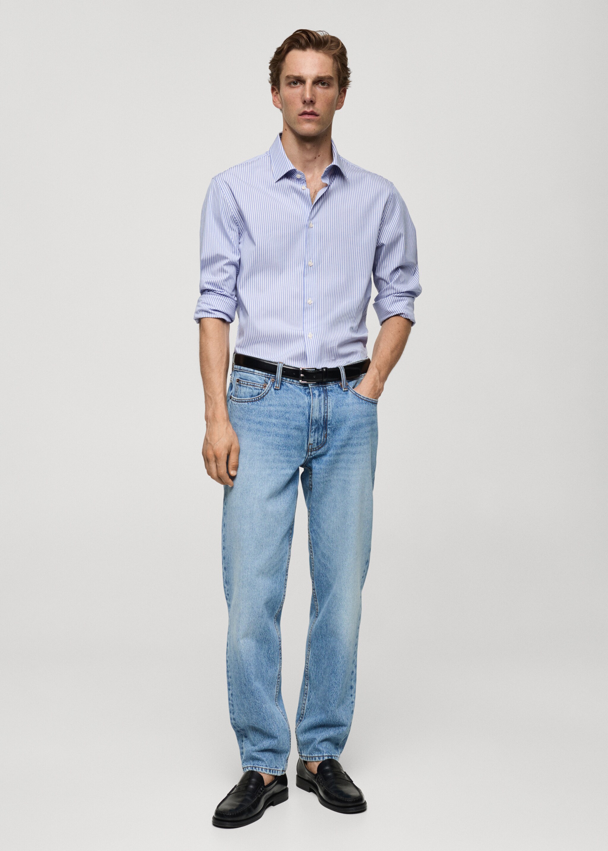 Slim fit fine-striped cotton shirt - General plane, Blue. Ref: 77064448-00.