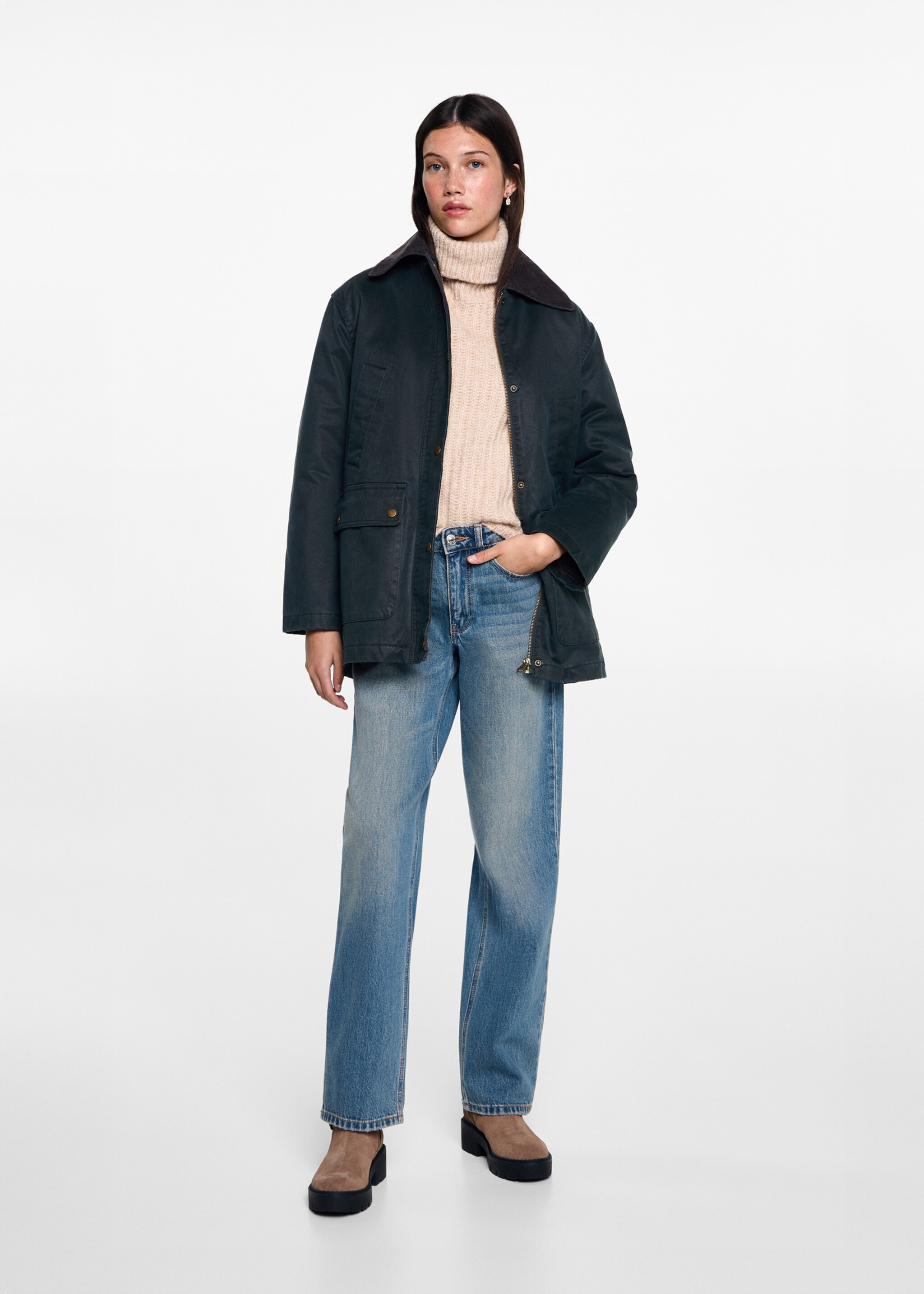 Long waxed-effect parka - General plane, Dark Navy. Ref: 77065630-00.