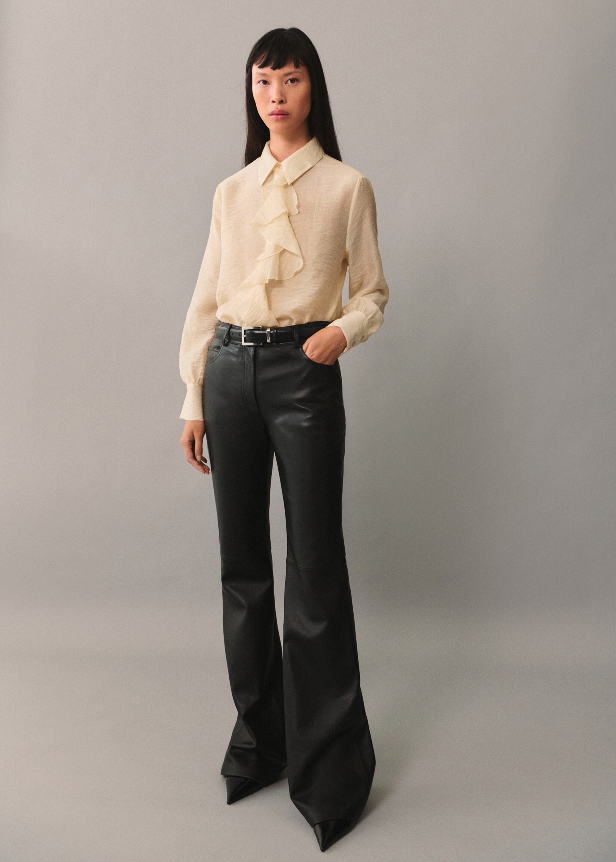 Camisa de liocel com folho - Plano geral, Cru. Ref: 77065670-00.