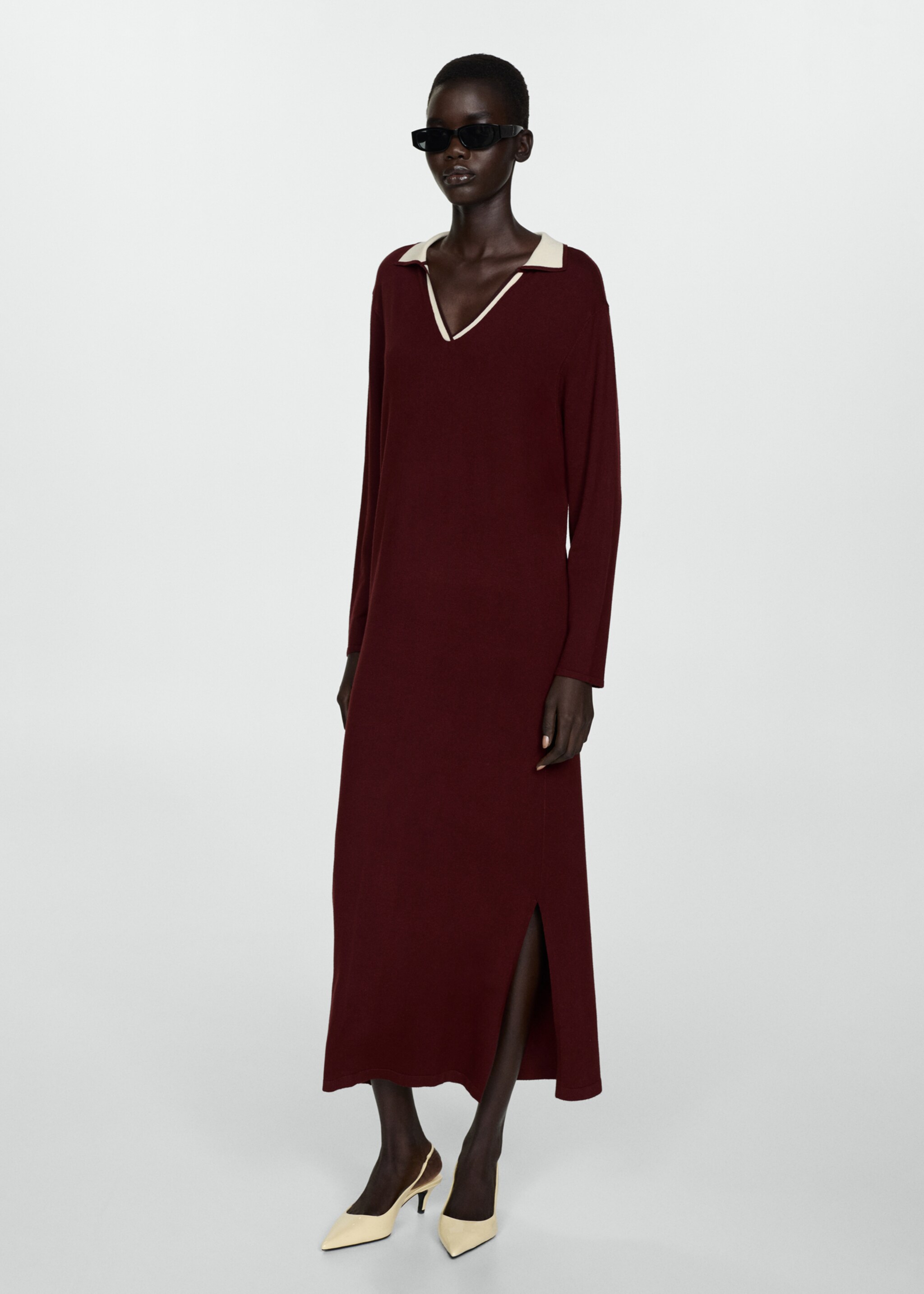 Contrast collar knit dress - General plane, Burgundy. Ref: 77065977-00.