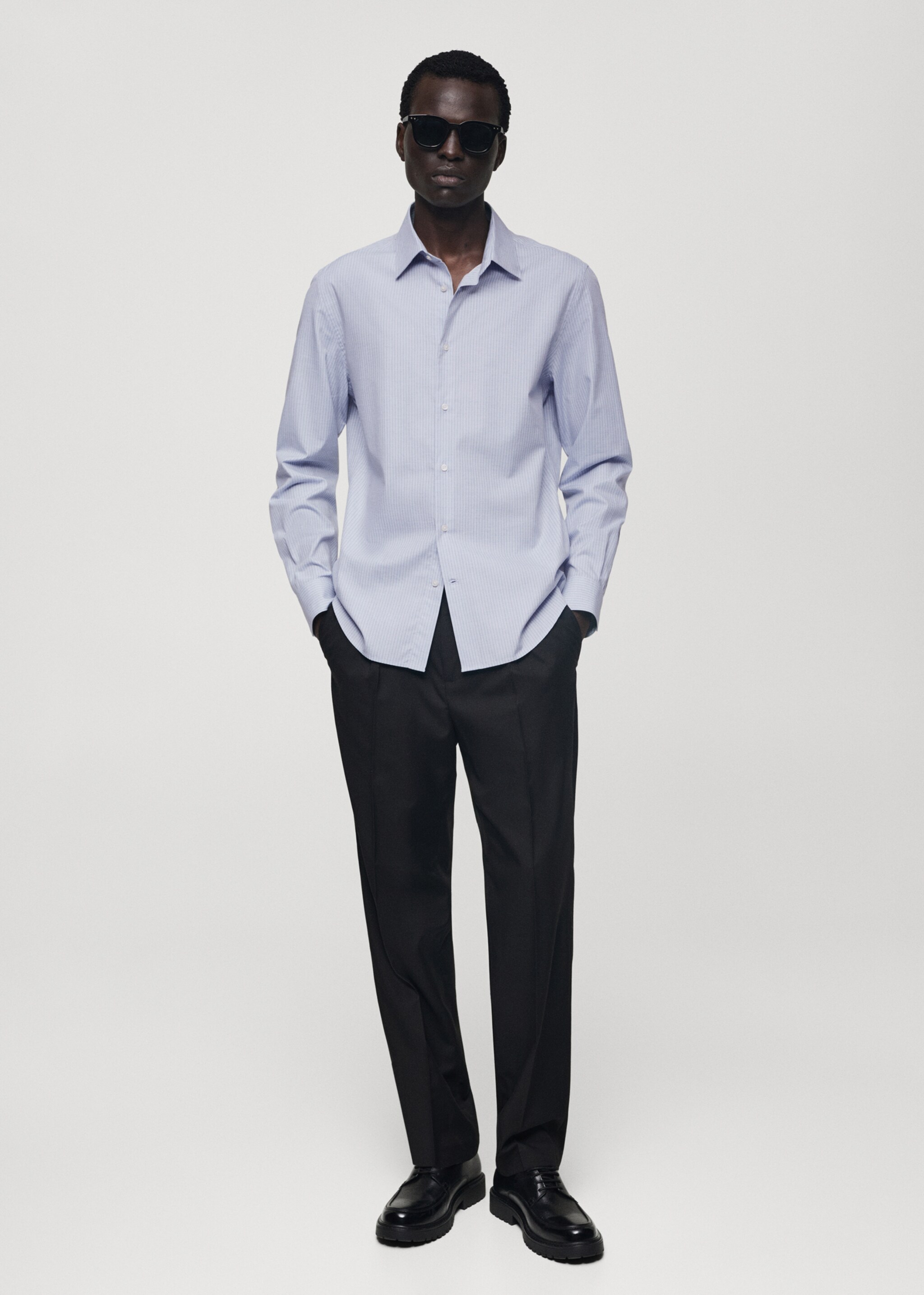 Camisa algodón slim fit raya diplomática - Plano general, Azul celeste. Ref: 77065980-00.