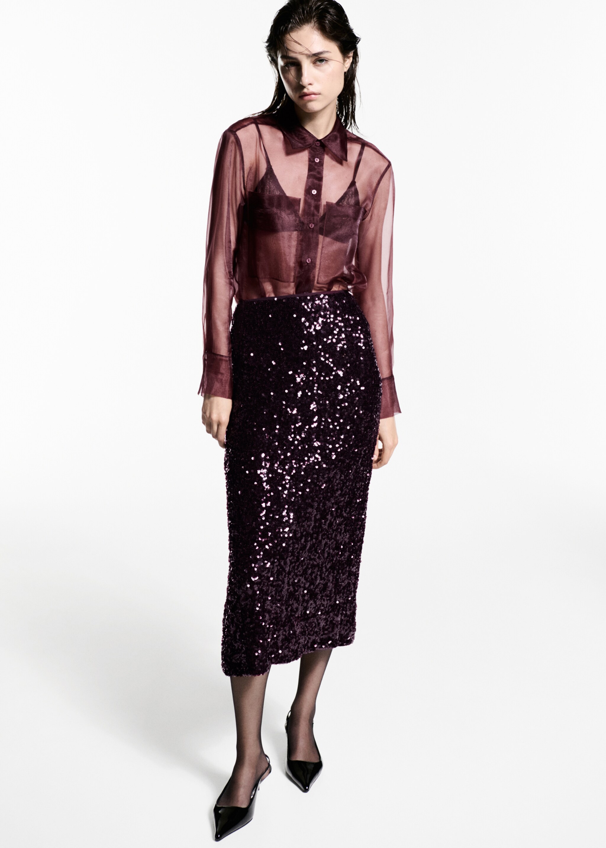 Sequin midi skirt - General plane, Burgundy. Ref: 77069060-00.