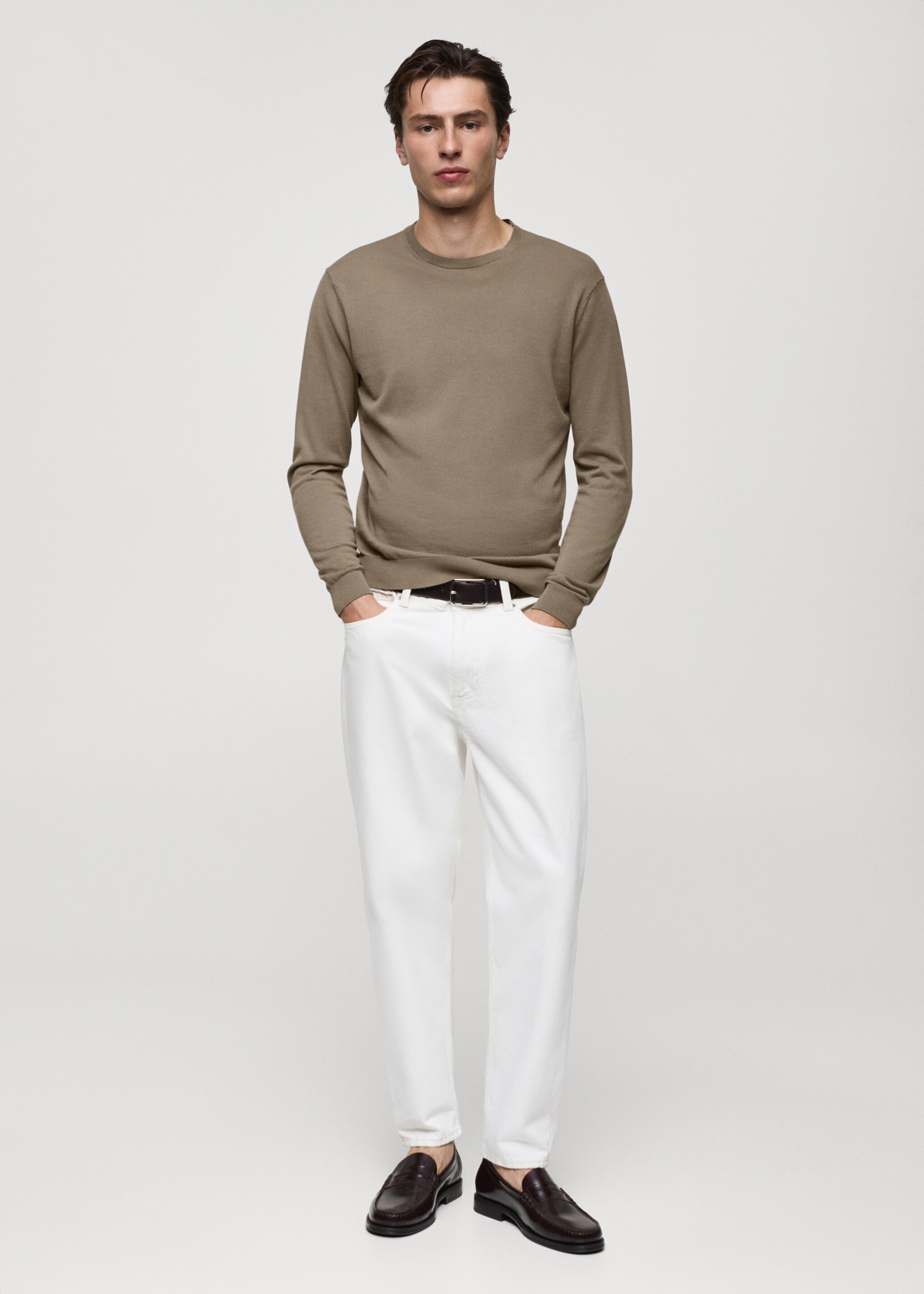Sweter ze 100% bawełnianej cienkiej dzianiny - Plan ogólny, Średni Brązowy. Ref: 77072537-00.