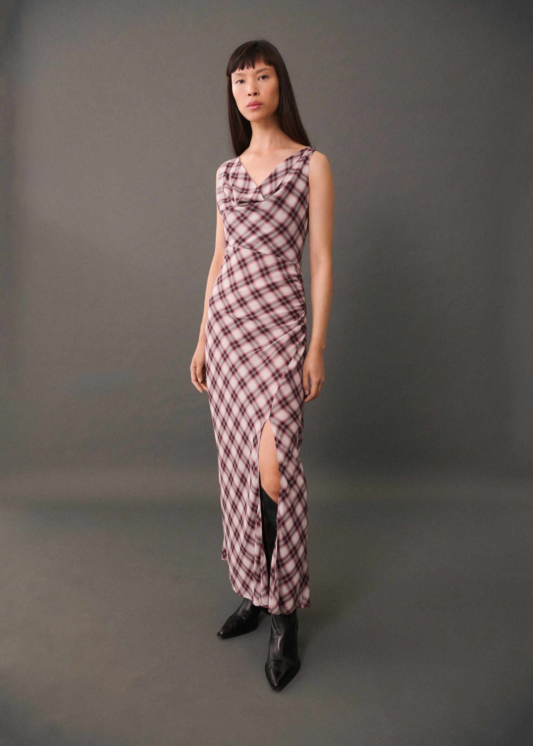 Check-print midi-dress - General plane, Maroon. Ref: 77075646-00.