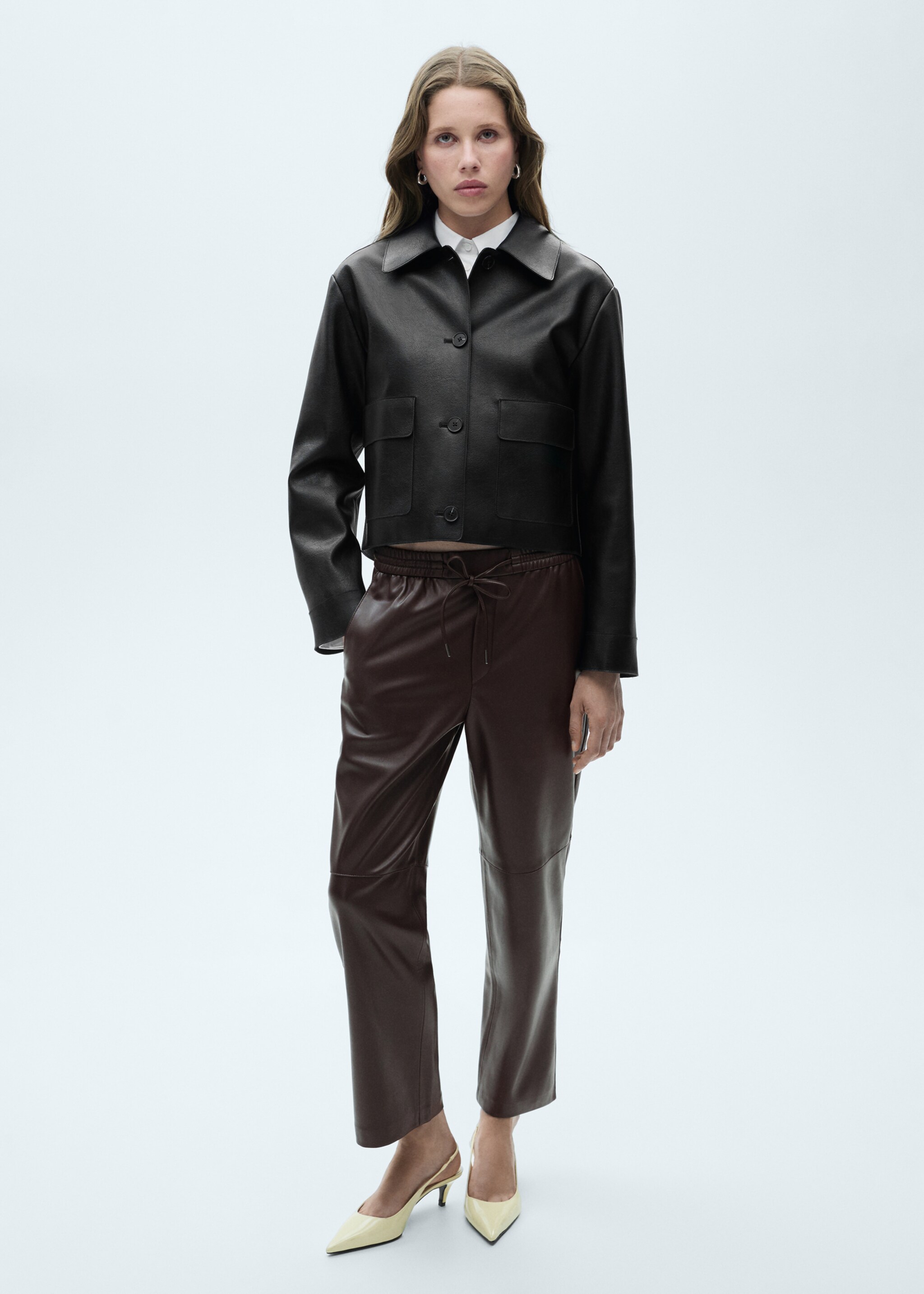 Leather-effect elastic waist trousers - General plane, Chocolate. Ref: 77075648-00.