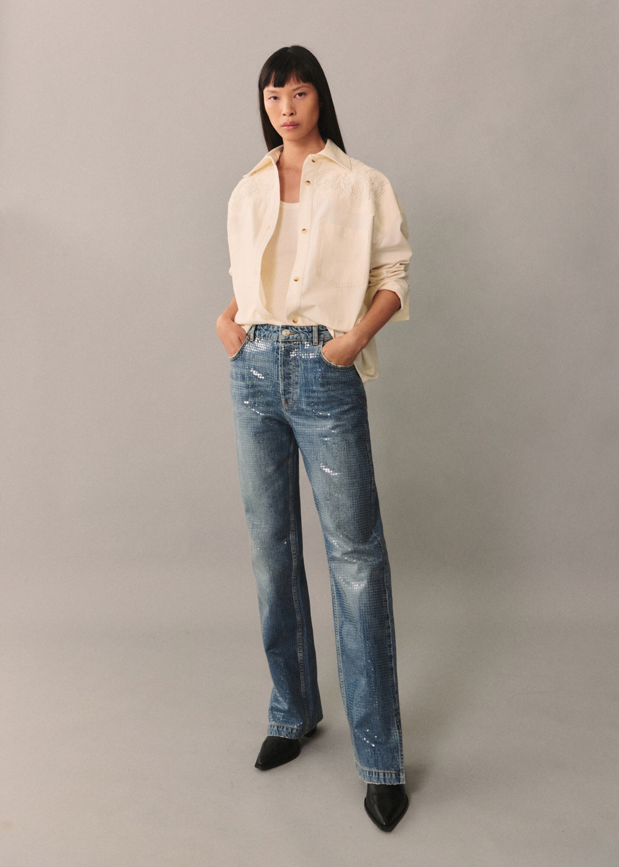 Jeans with sequins under slits - General plane, Medium Blue. Ref: 77075670-00.