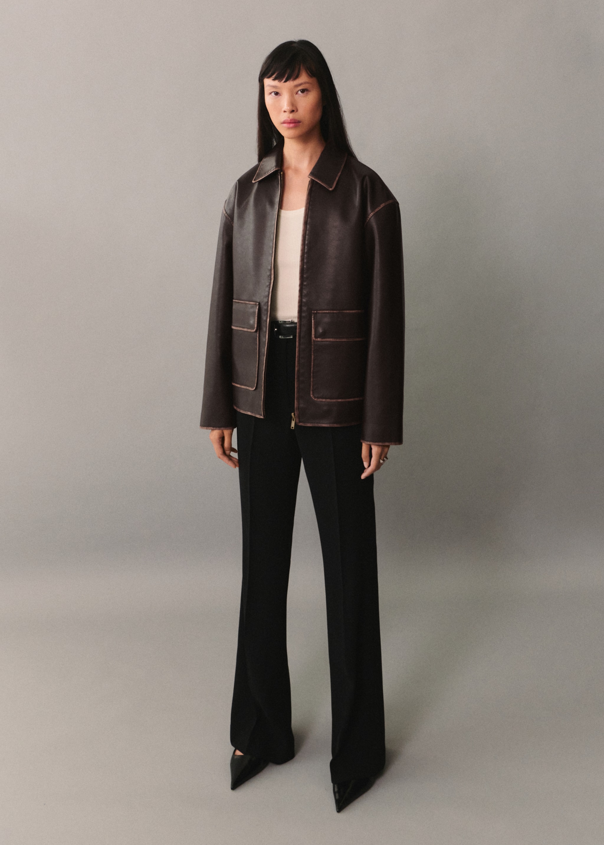Leather-effect jacket with contrast stitching - General plane, Brown. Ref: 77076004-00.
