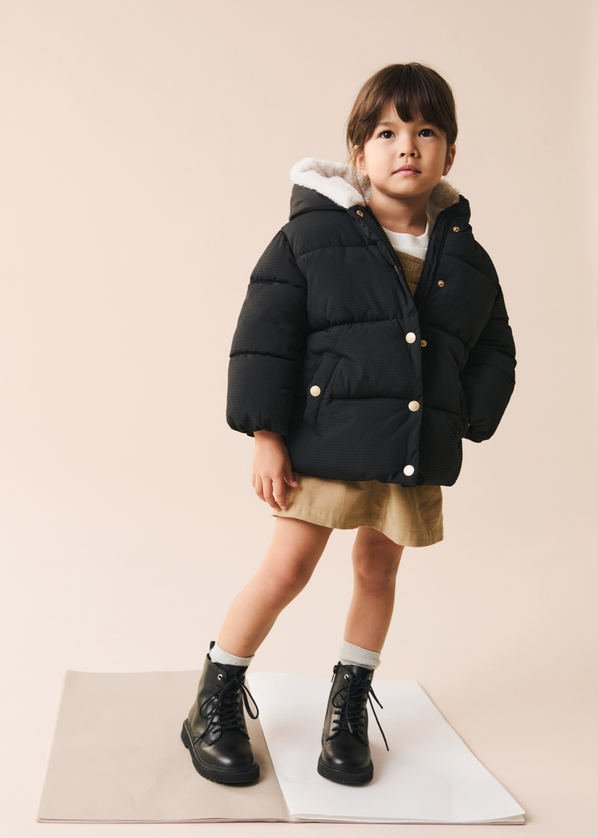 Quilted coat with fur-effect hood - General plane, Black. Ref: 77076336-00.