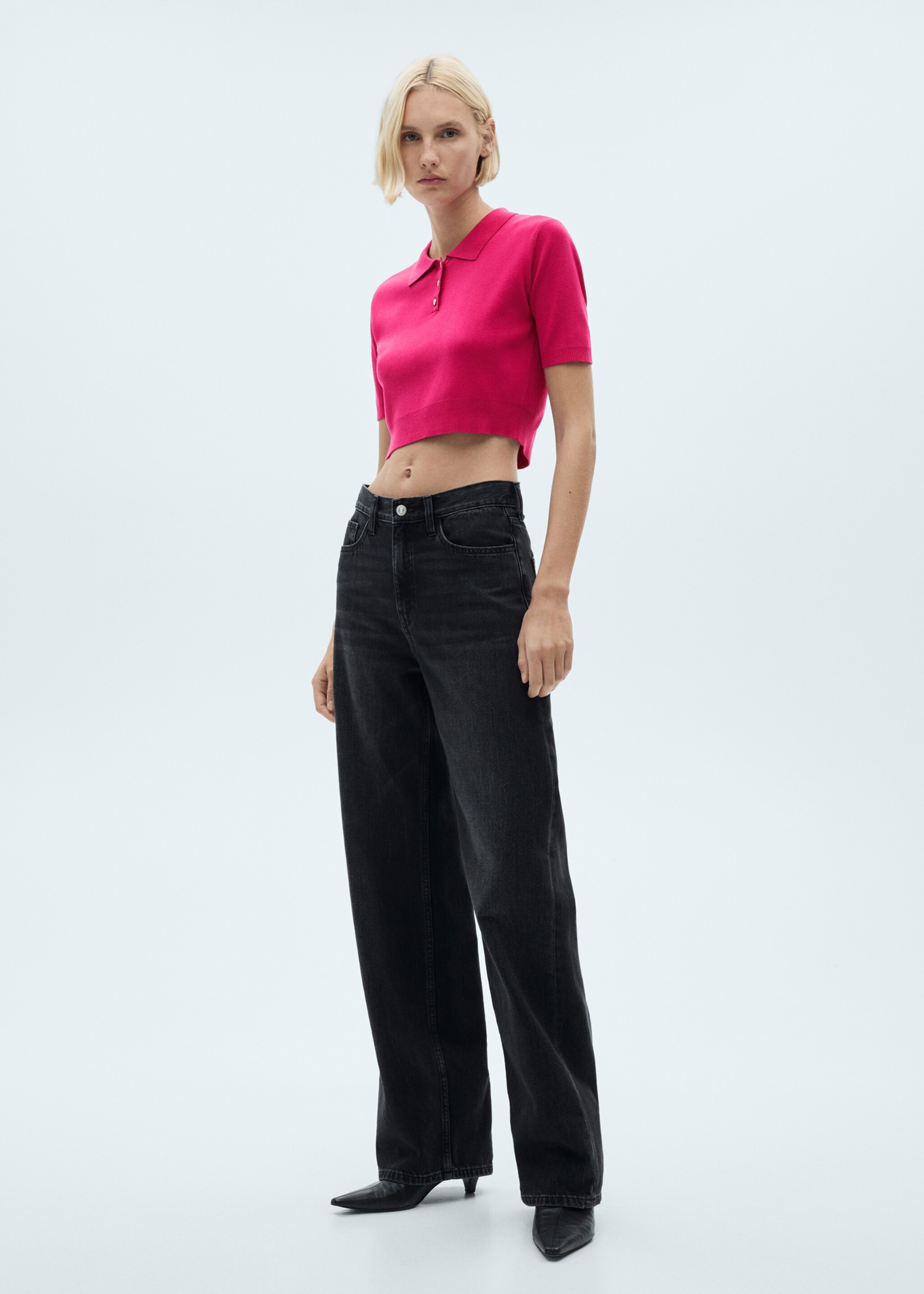 Cropped knitted polo shirt - General plane, Fuchsia. Ref: 77077644-00.