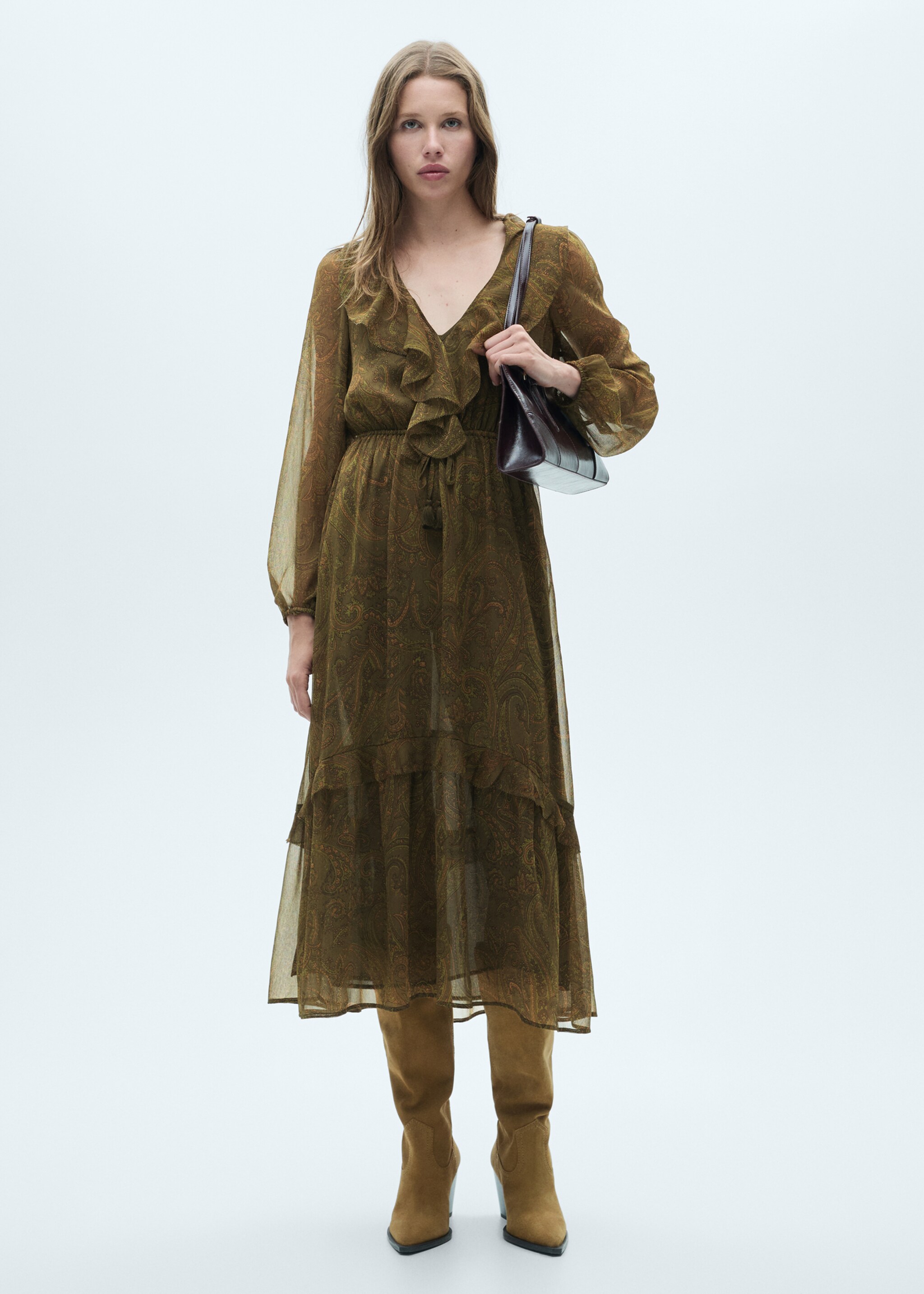 Rochie cu imprimeu paisley și volan - Plan general, Verde mediu. Ref: 77077685-00.