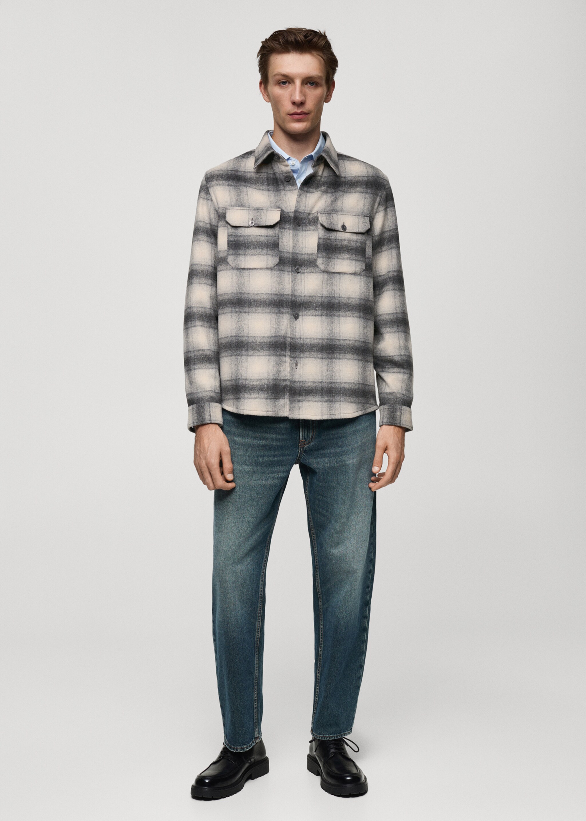 Kockás, gyapjú ingkabát zsebekkel - Általános sík, Szürke. Ref: 77077923-00.