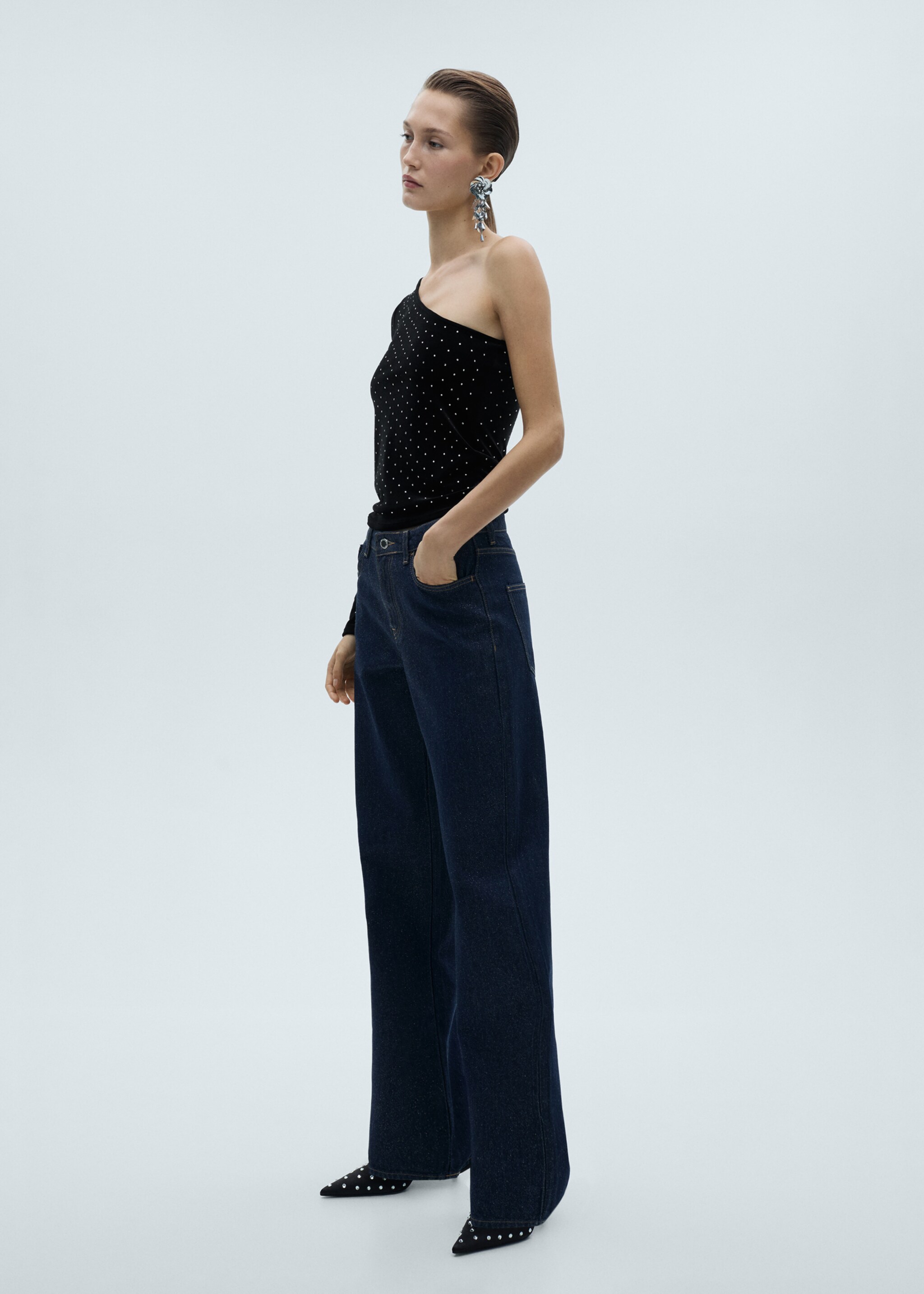 Asymmetrical velvet top with rhinestones - General plane, Black. Ref: 77079058-00.