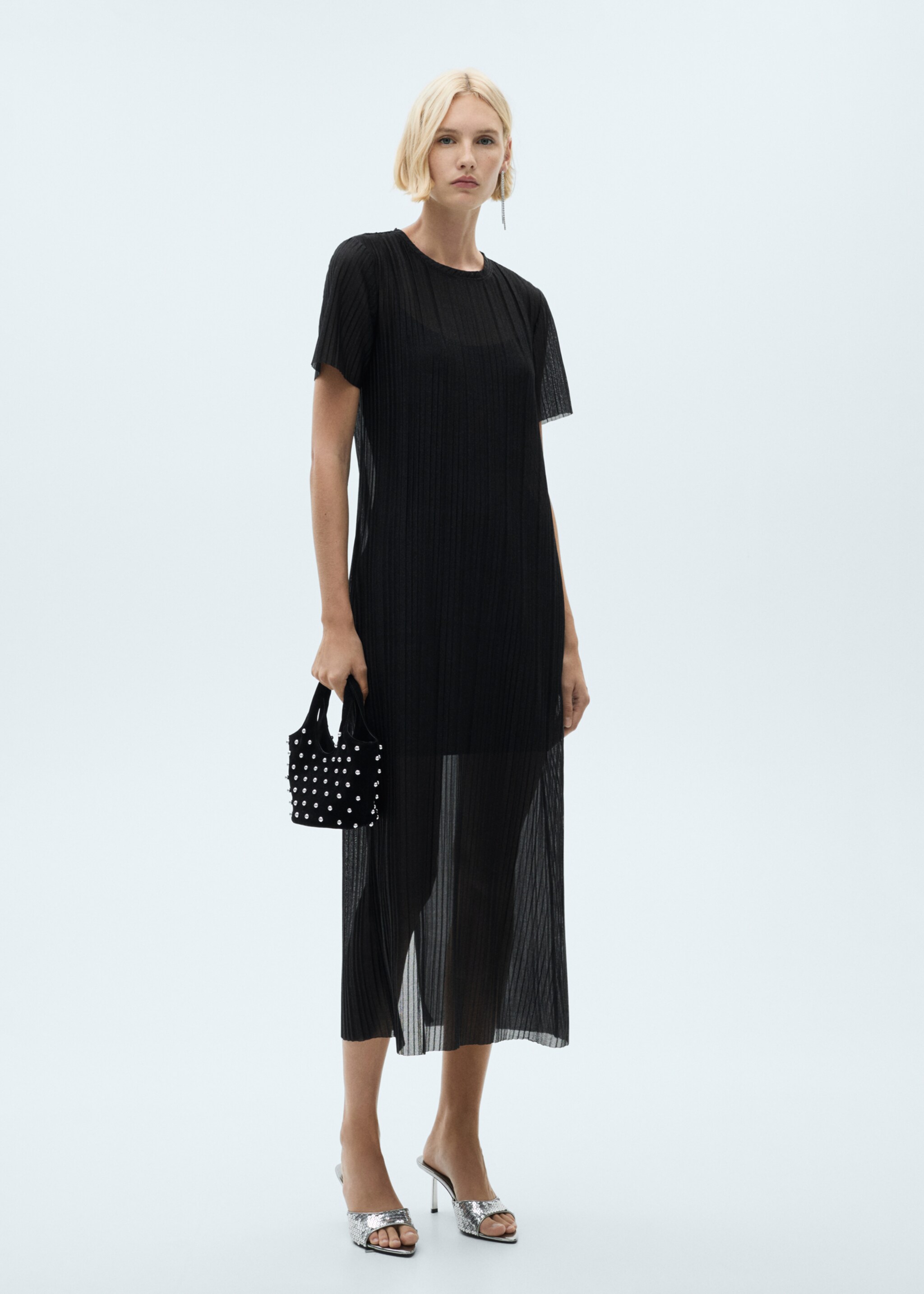 Plissiertes Lurex-Kleid - Allgemeine Ansicht, Schwarz. Ref: 77079063-00.