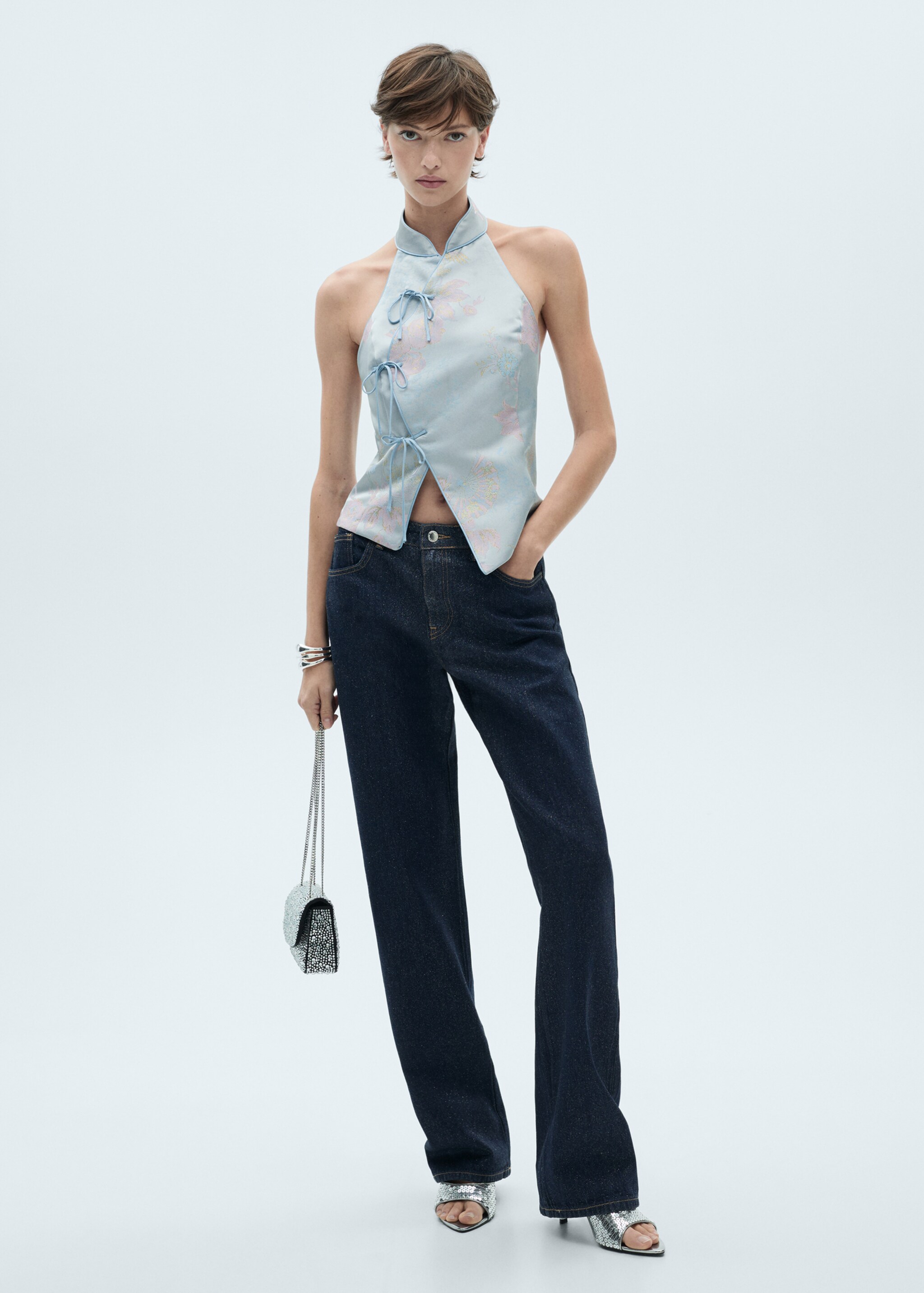 Satin top with bows - General plane, Sky Blue. Ref: 77079407-00.